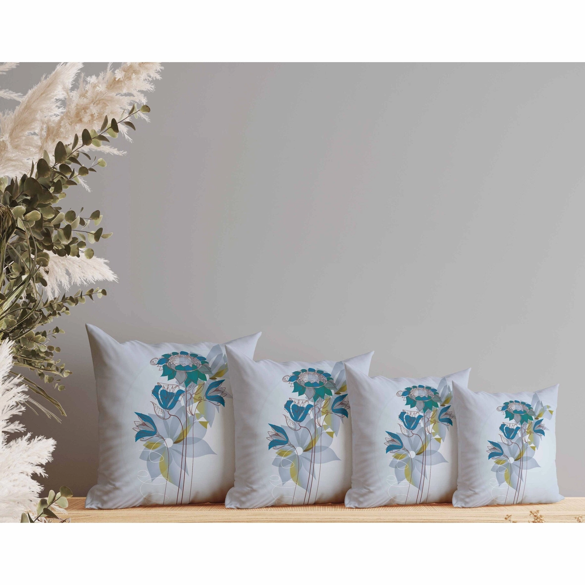 Flowers Line Art Indoor/Outdoor Reversible Throw Pillow Sky and Blue