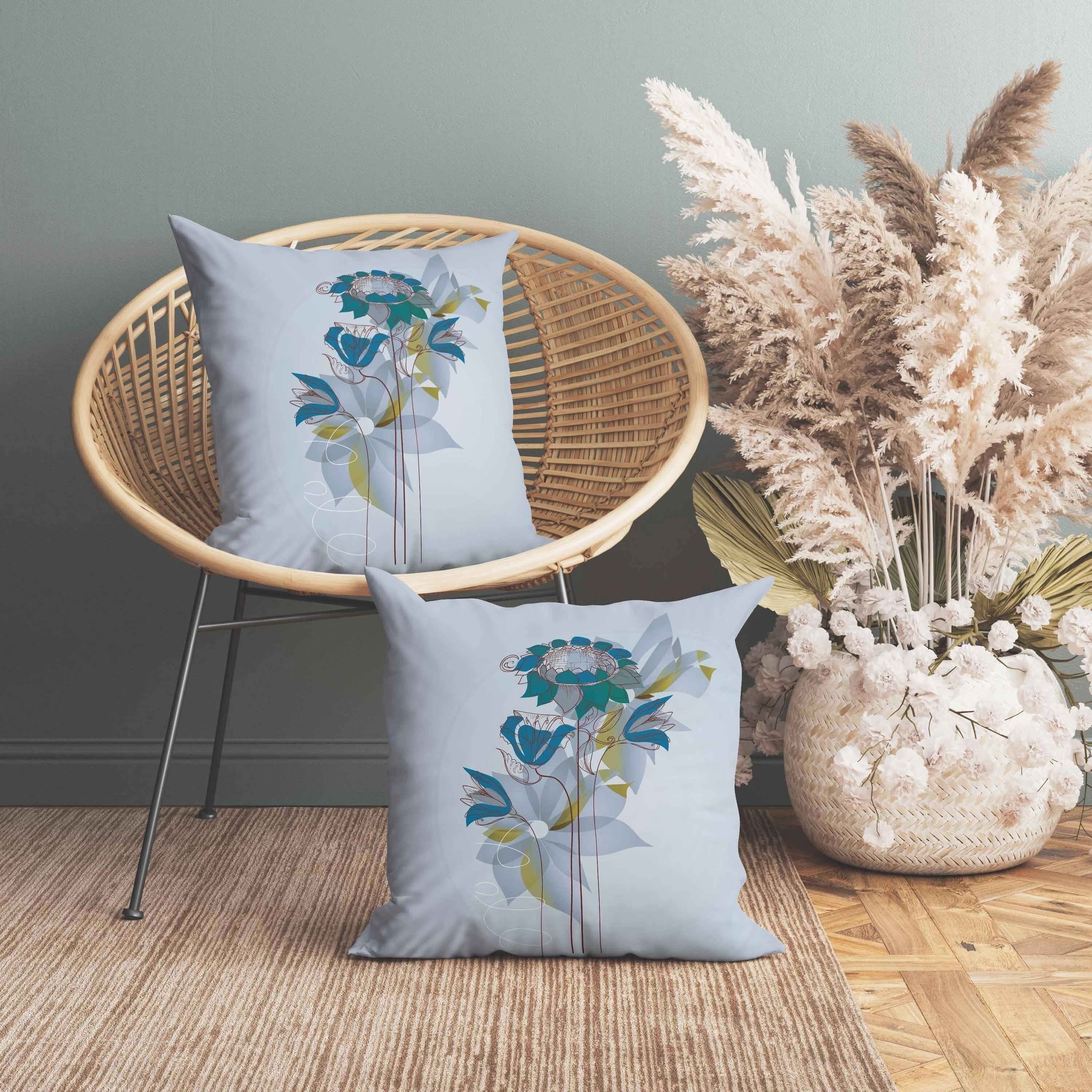 Flowers Line Art Indoor/Outdoor Reversible Throw Pillow Sky and Blue