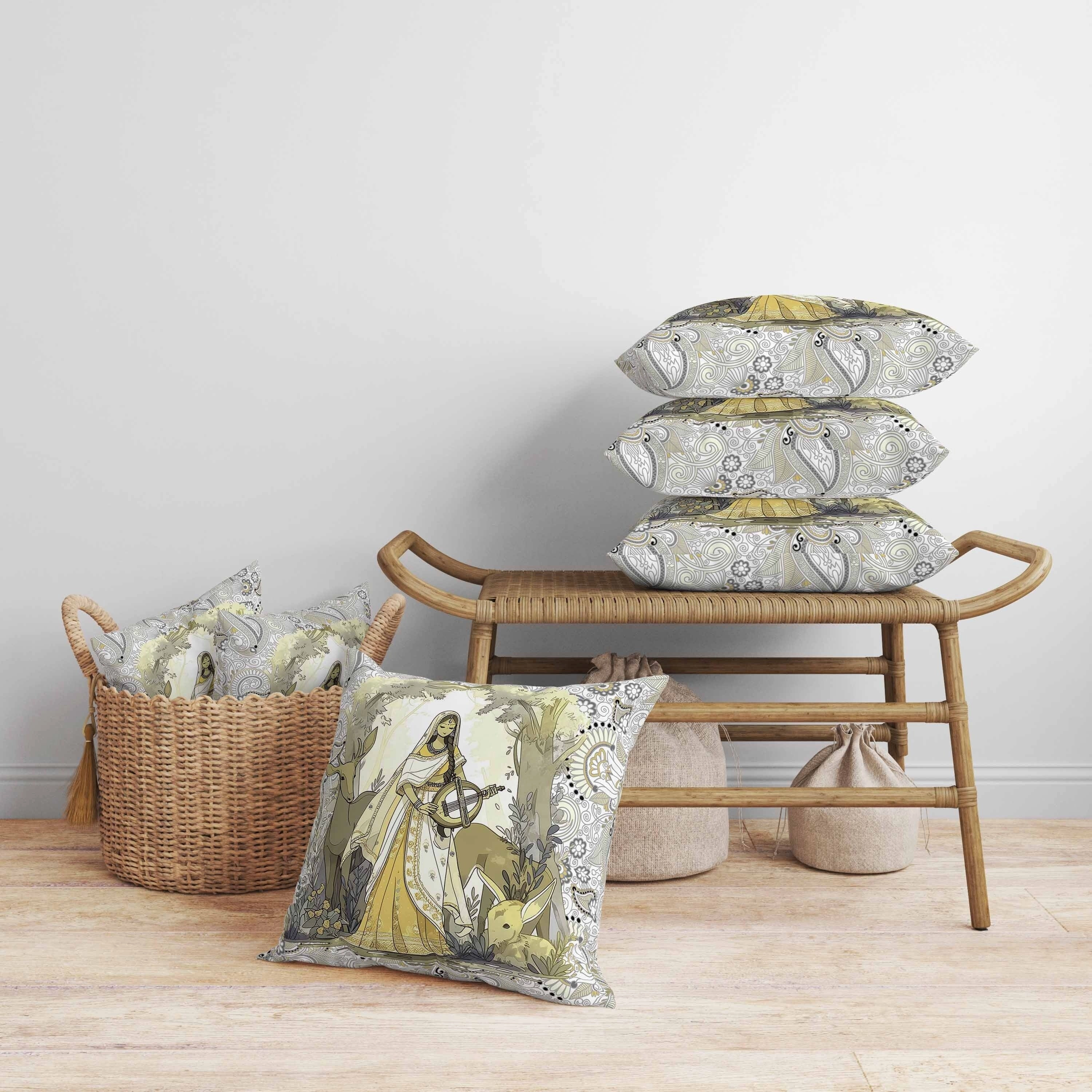 Forest Melodies Faux Suede Reversible Throw Pillow White and Yellow