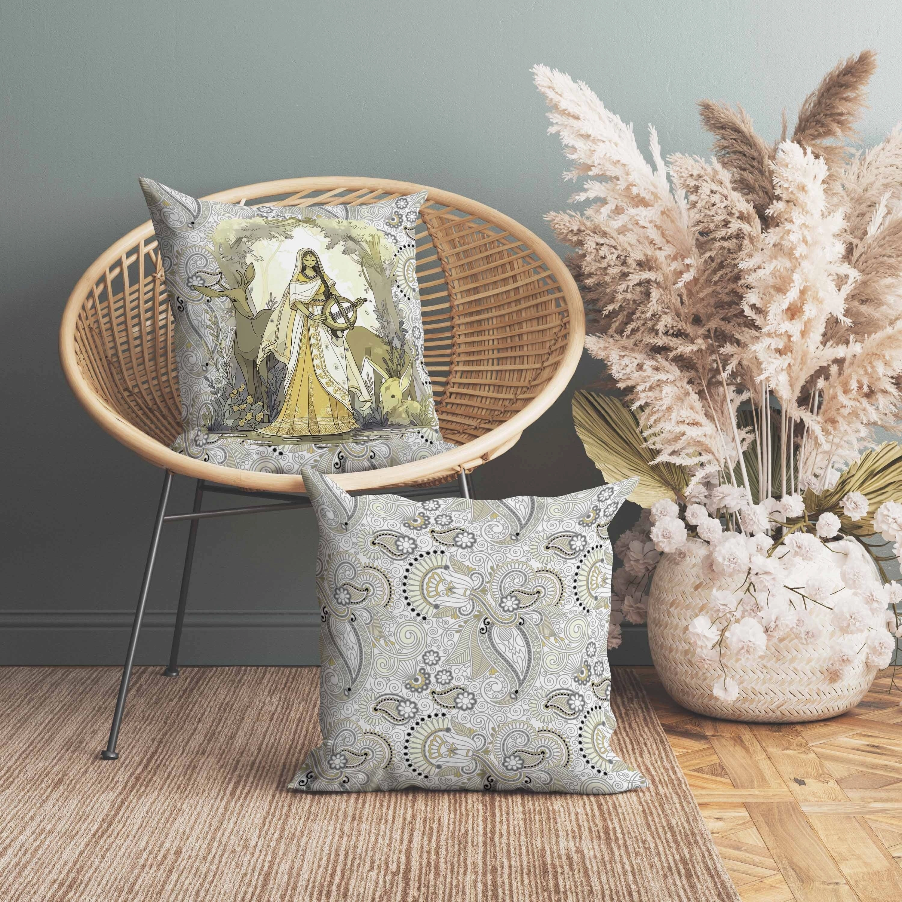Forest Melodies Faux Suede Reversible Throw Pillow White and Yellow