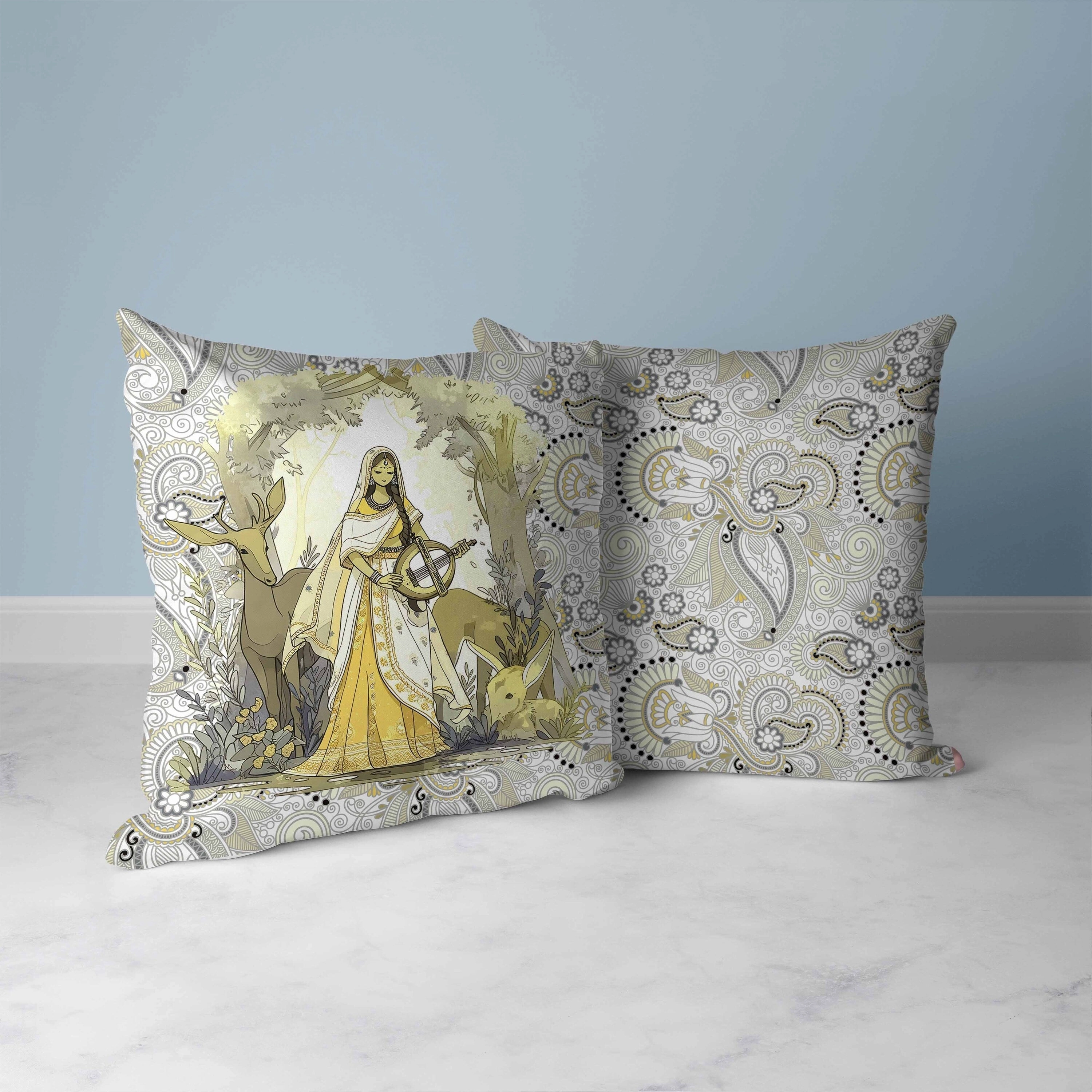 Forest Melodies Faux Suede Reversible Throw Pillow White and Yellow