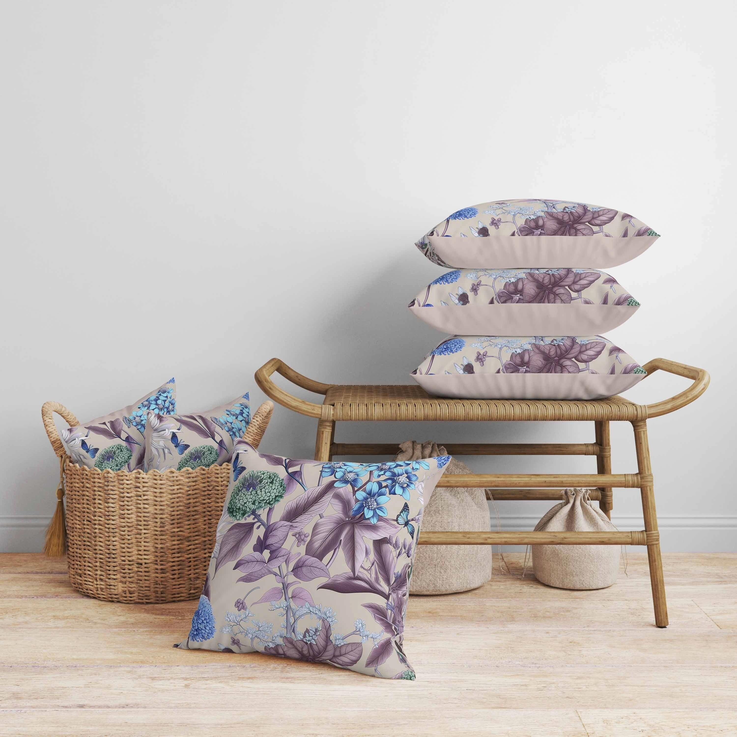 Garden Gracefulness Faux Suede Reversible Throw Pillow Blue and Purple