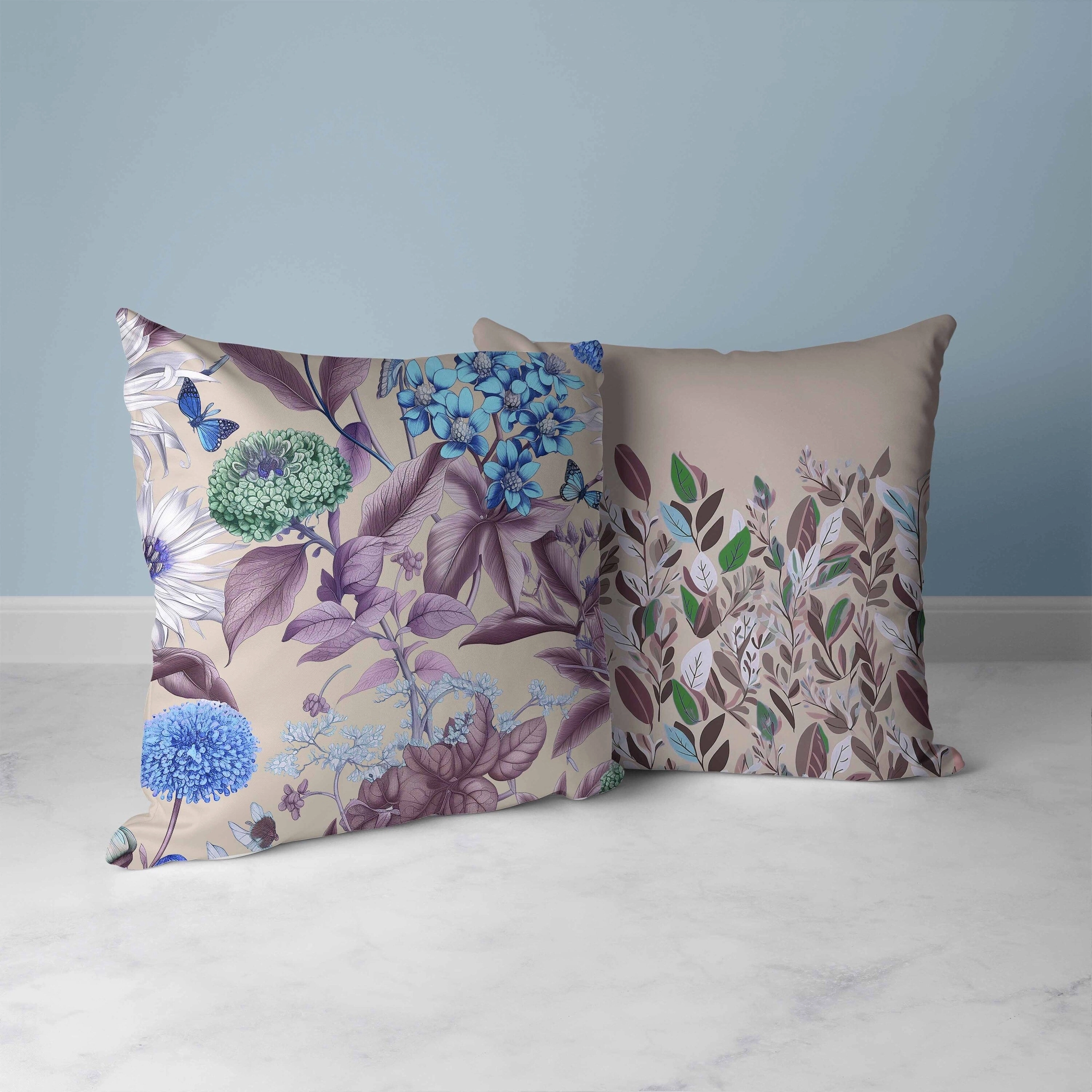 Garden Gracefulness Faux Suede Reversible Throw Pillow Blue and Purple