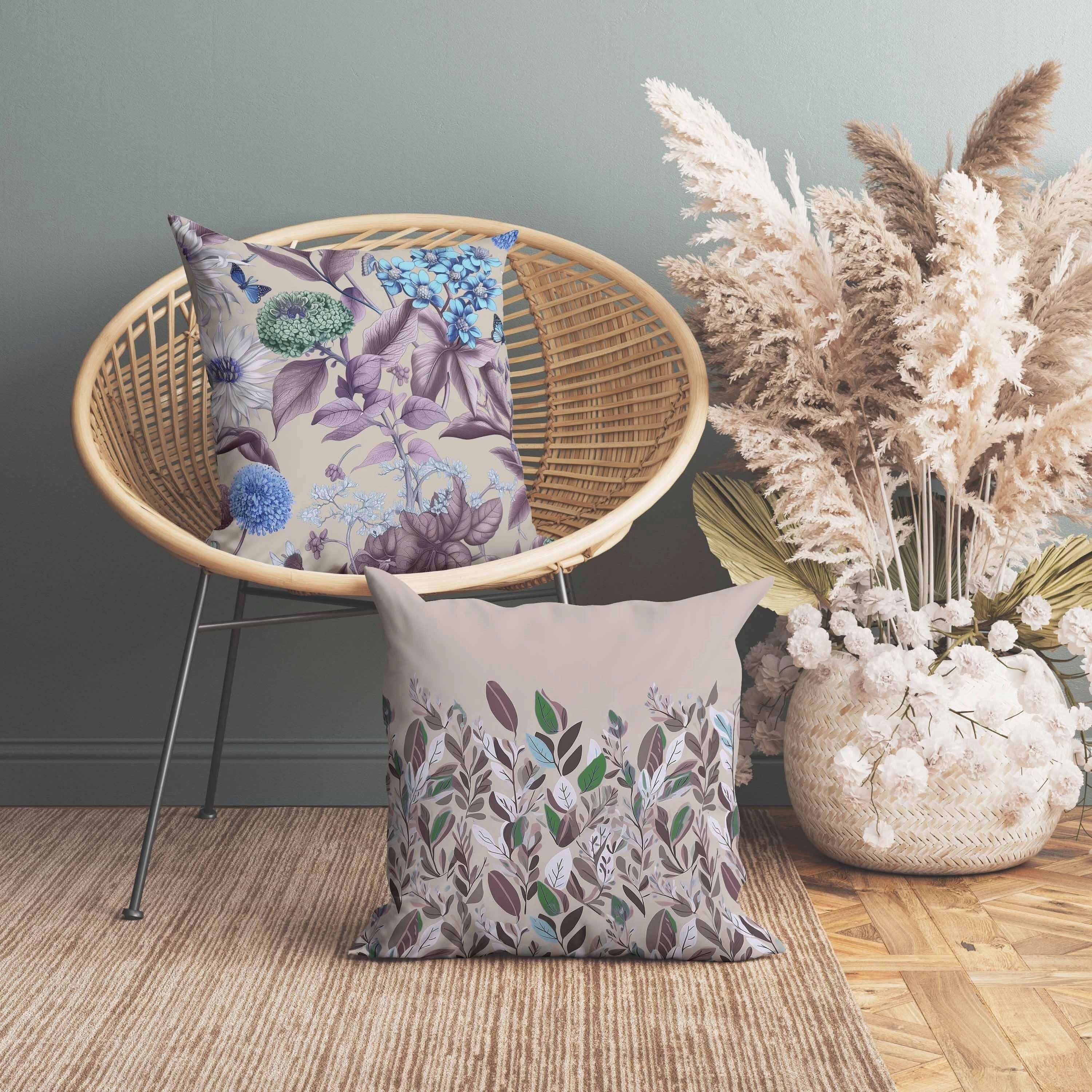 Garden Gracefulness Indoor/Outdoor Reversible Throw Pillow Blue and Purple