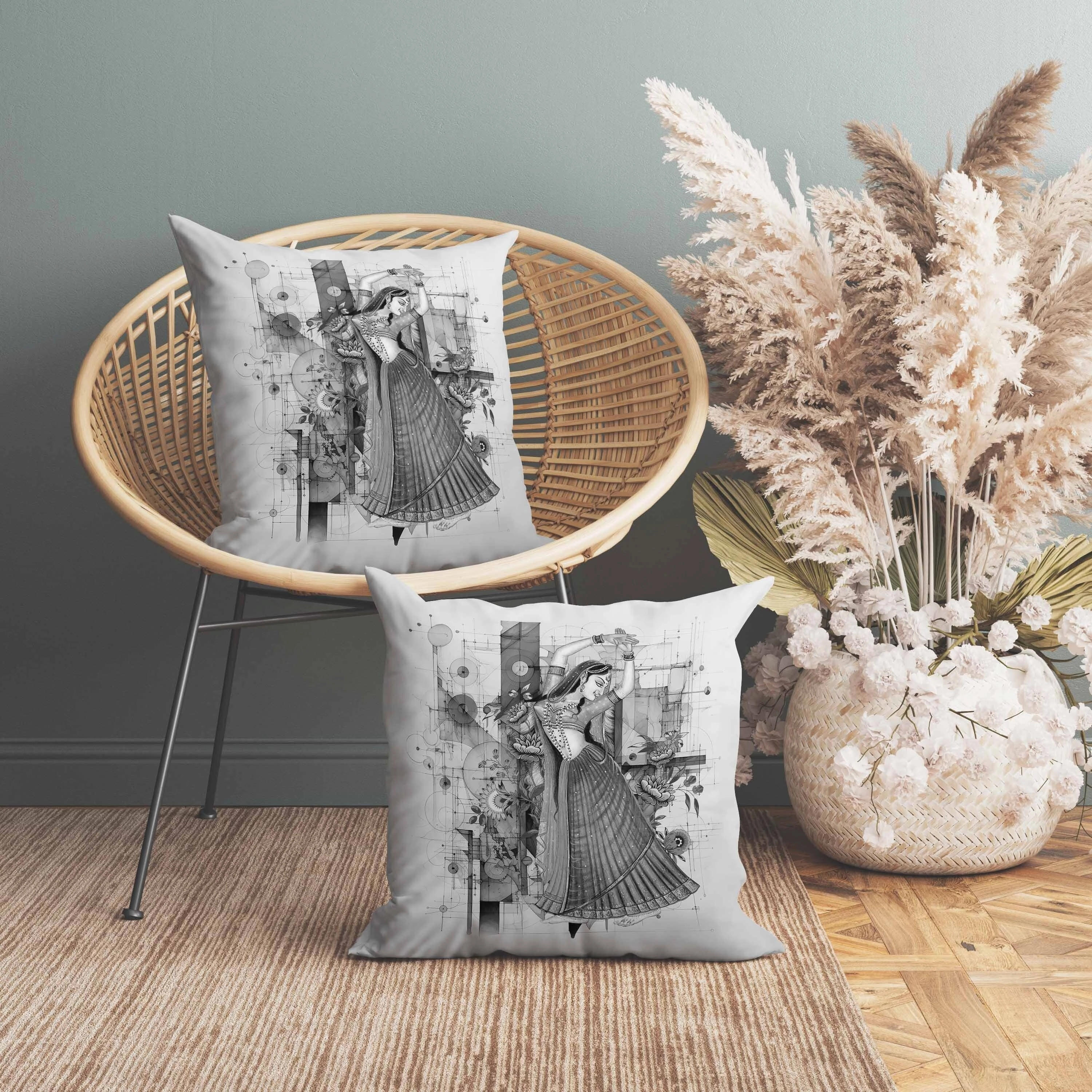 Gracefully Dancing Woman Indoor/Outdoor Reversible Throw Pillow Gray