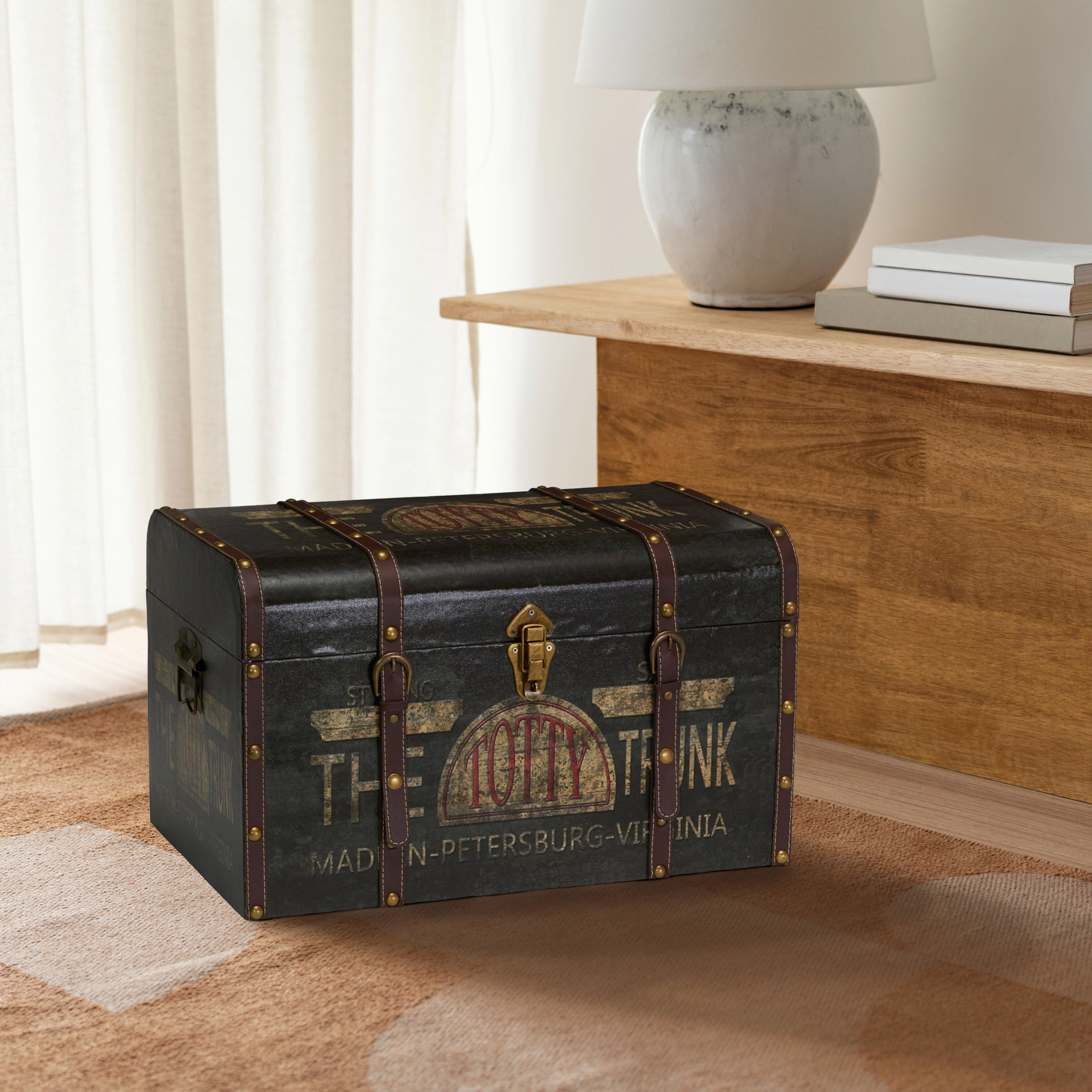 Household Essentials Decorative Trunk with Metal Accents and Leather Strapping - 13.8L x 22.0W x 13.0H