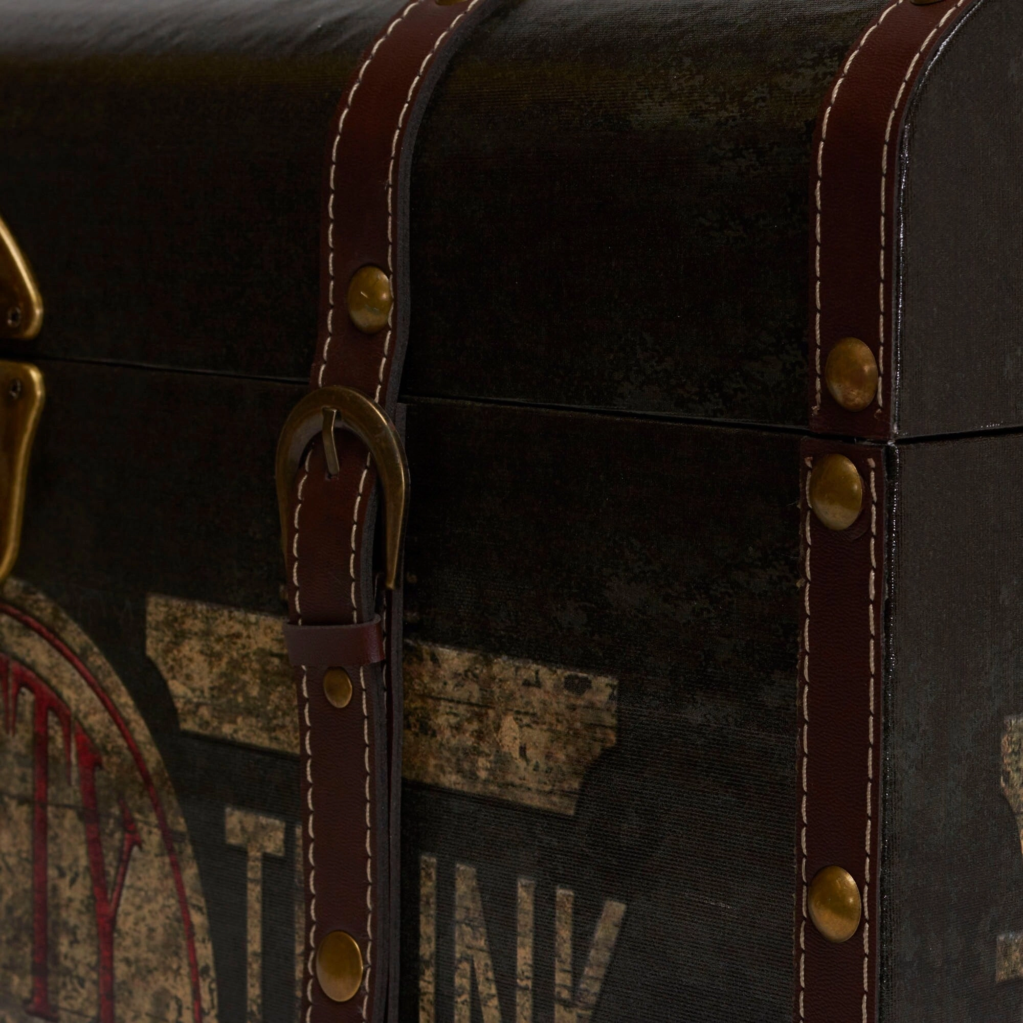 Household Essentials Decorative Trunk with Metal Accents and Leather Strapping - 13.8L x 22.0W x 13.0H