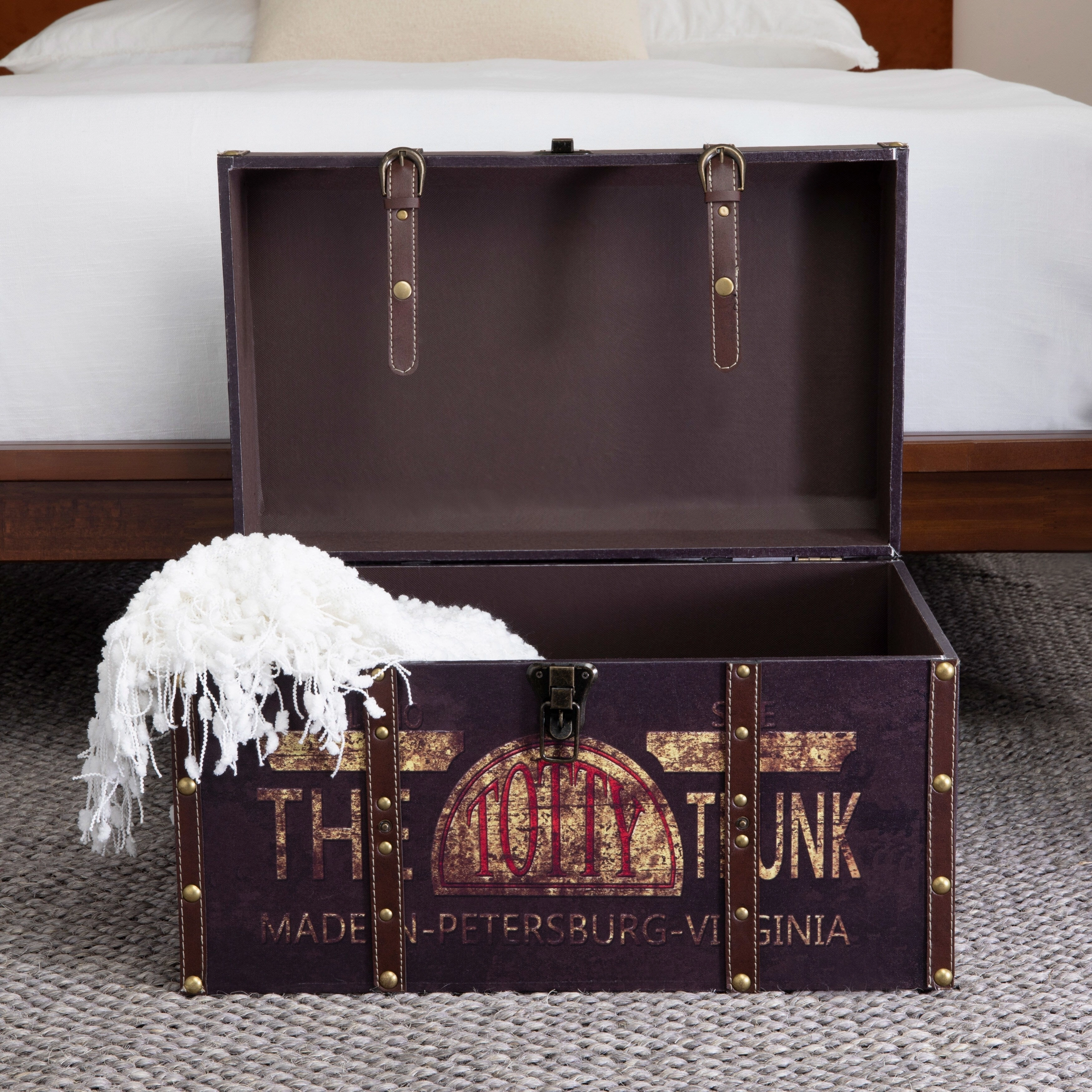 Household Essentials Decorative Trunk with Metal Accents and Leather Strapping - 13.8L x 22.0W x 13.0H