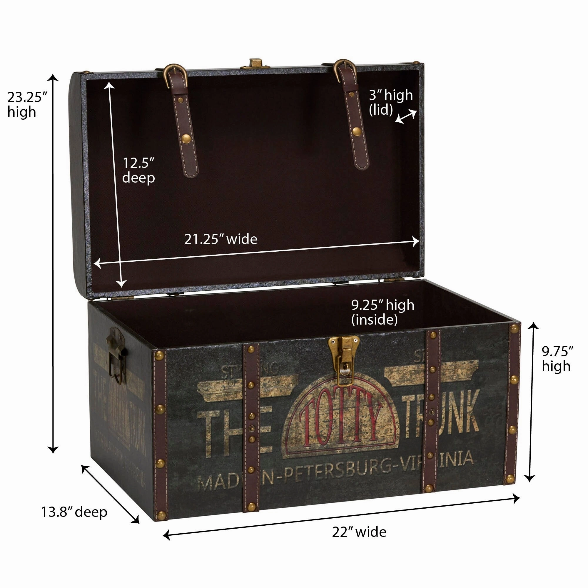 Household Essentials Decorative Trunk with Metal Accents and Leather Strapping - 13.8L x 22.0W x 13.0H