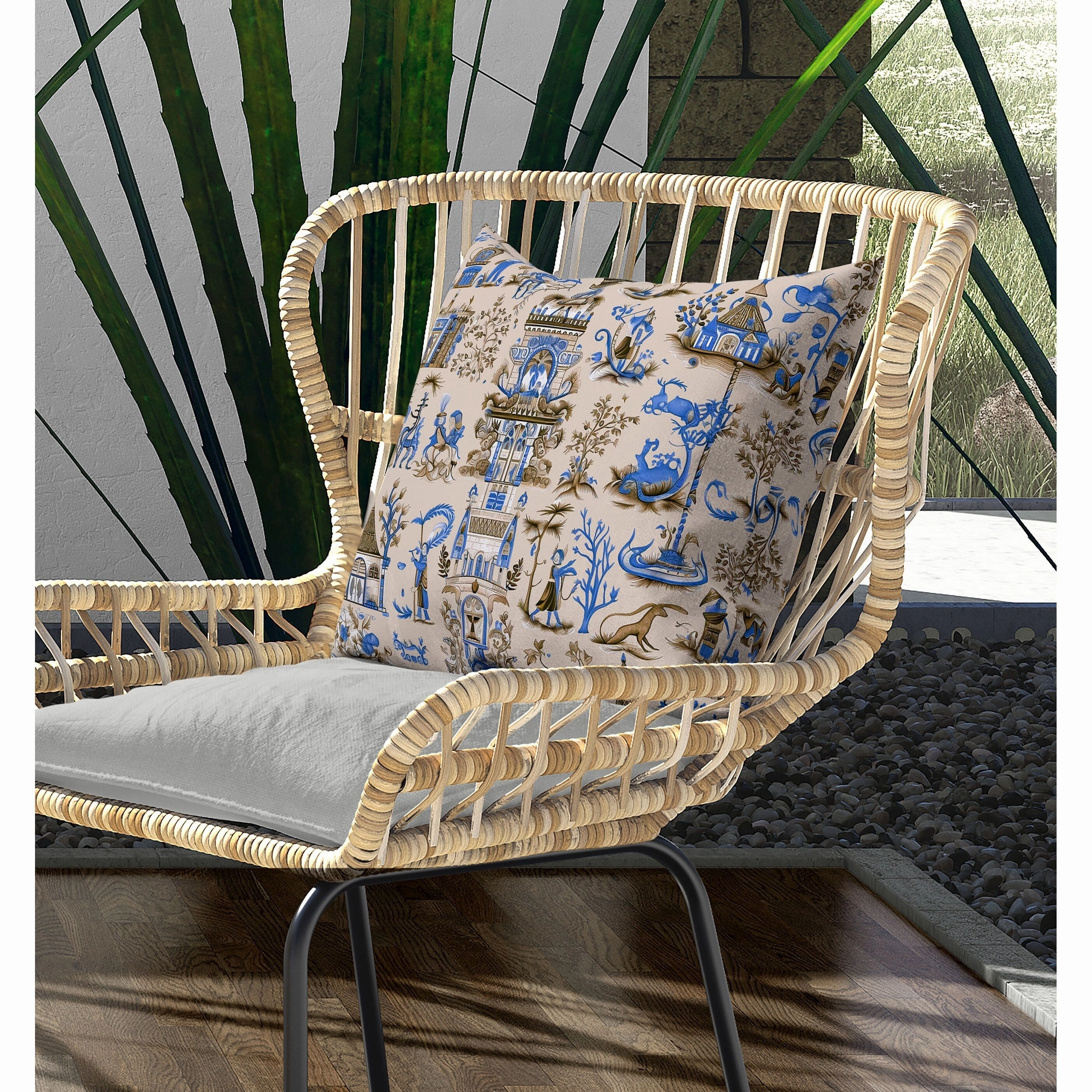 Imperial Elegance Indoor/Outdoor Reversible Throw Pillow Ivory and Blue