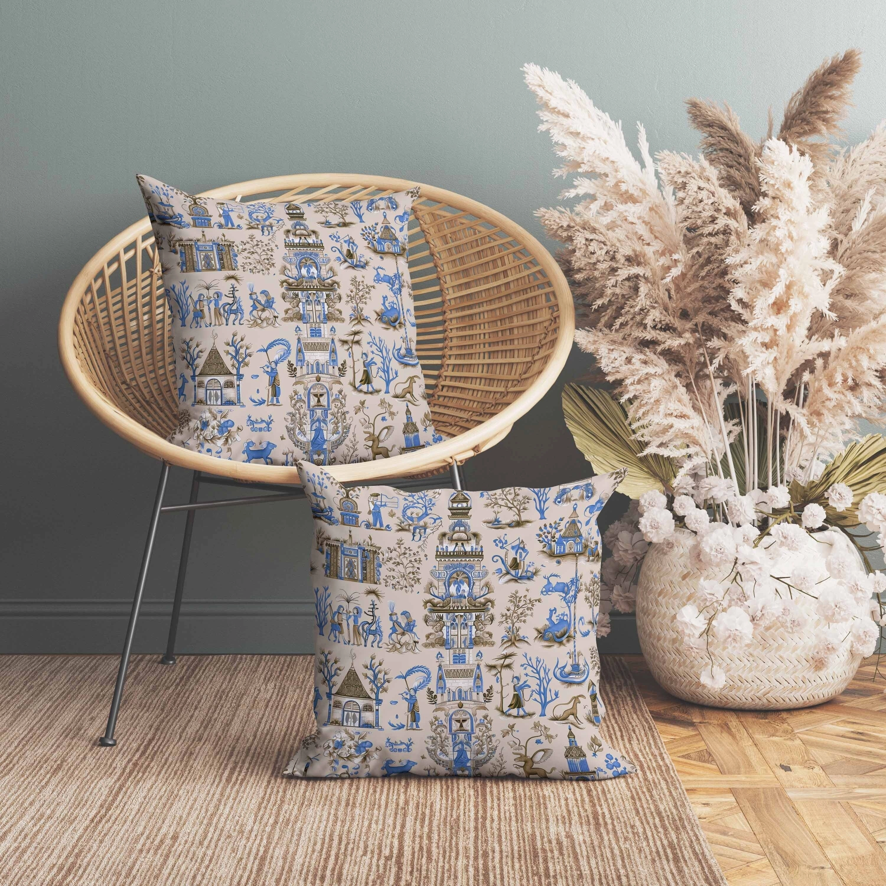 Imperial Elegance Indoor/Outdoor Reversible Throw Pillow Ivory and Blue