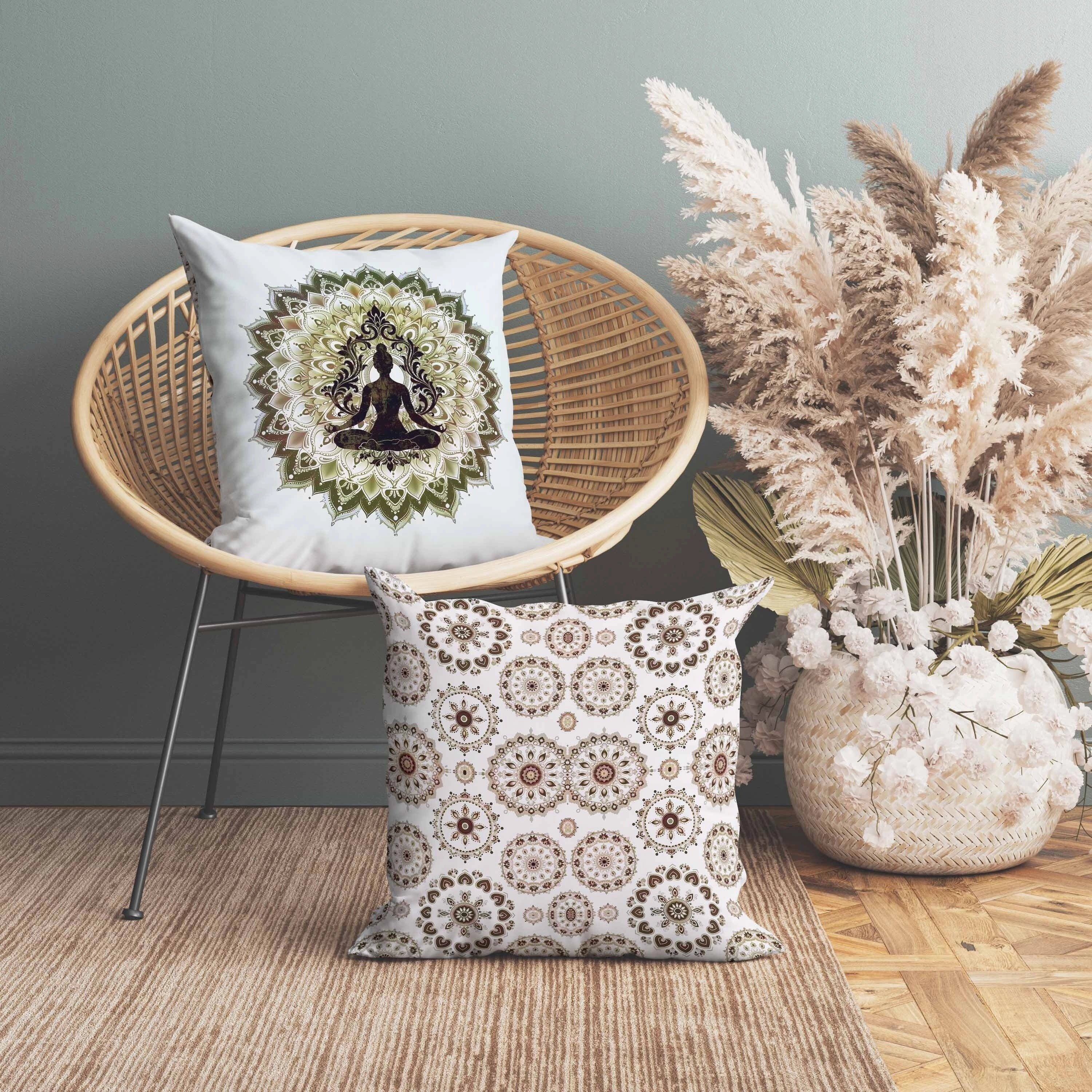 Inner Peace Circle Indoor/Outdoor Reversible Throw Pillow White and Olive