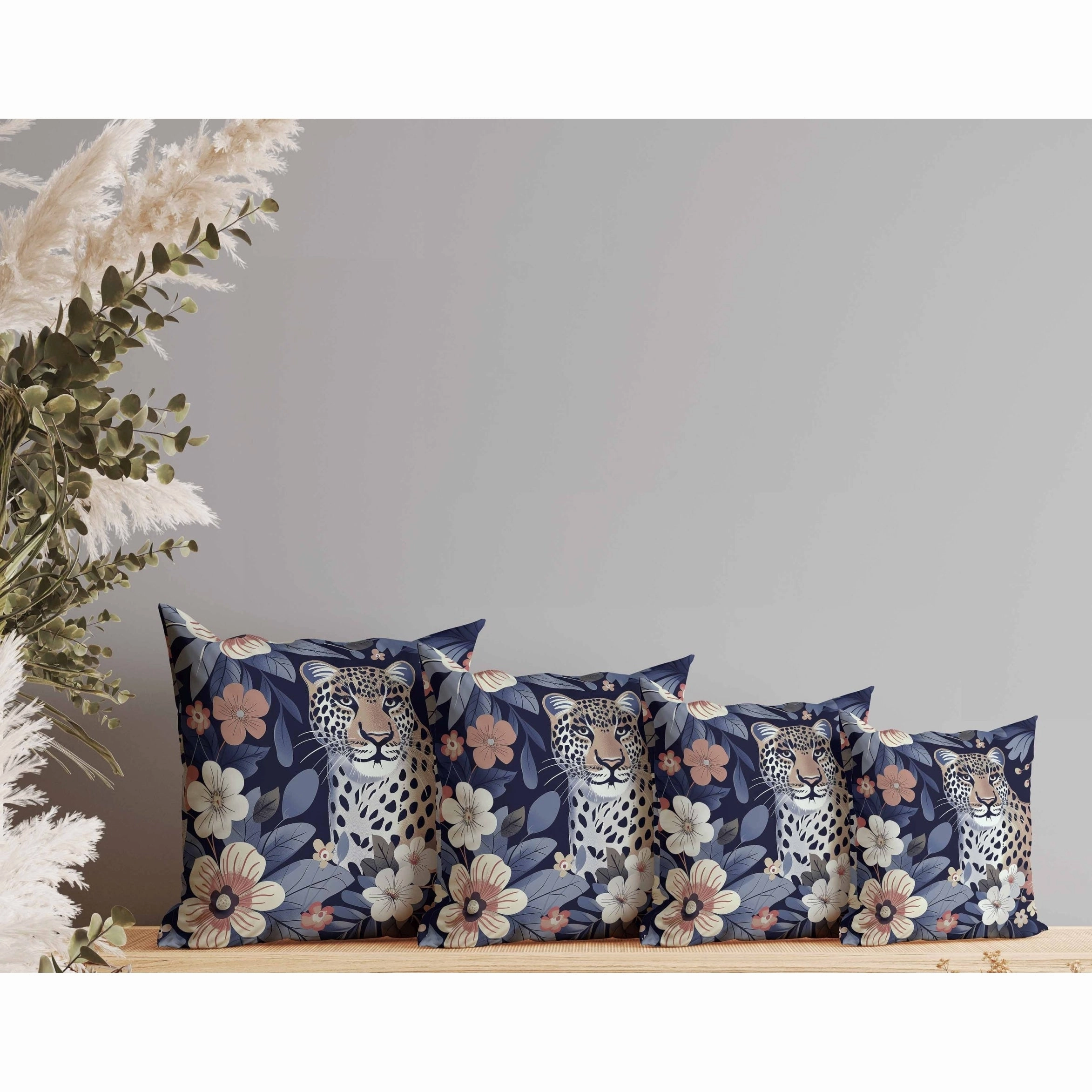 Jungle Cat Indoor/Outdoor Reversible Throw Pillow Blue and Pink