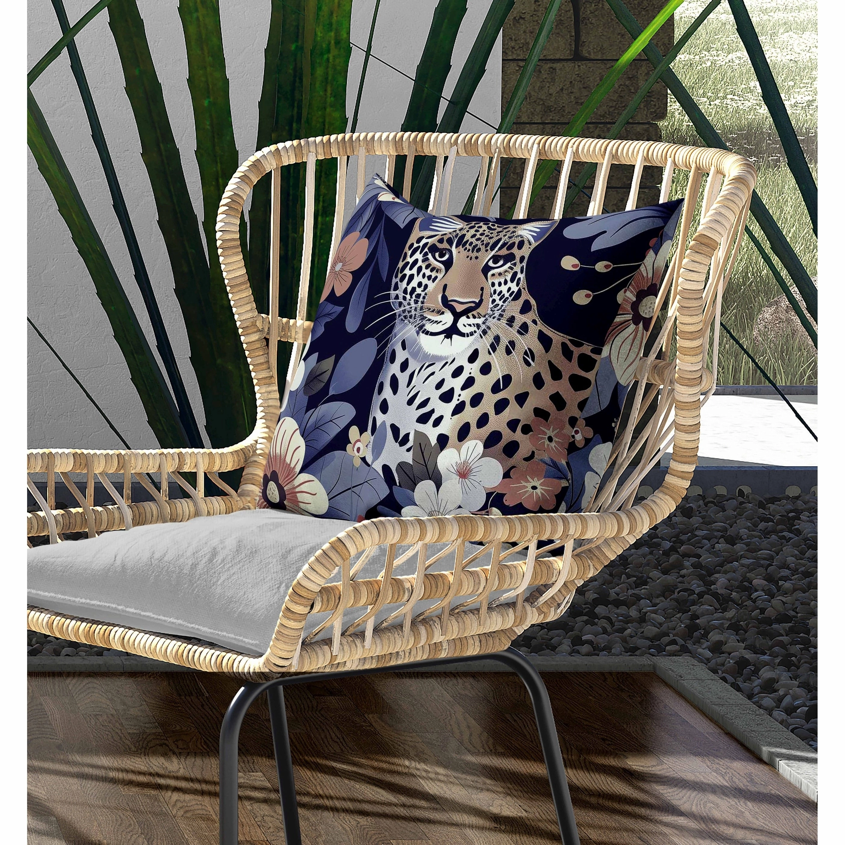 Jungle Cat Indoor/Outdoor Reversible Throw Pillow Blue and Pink