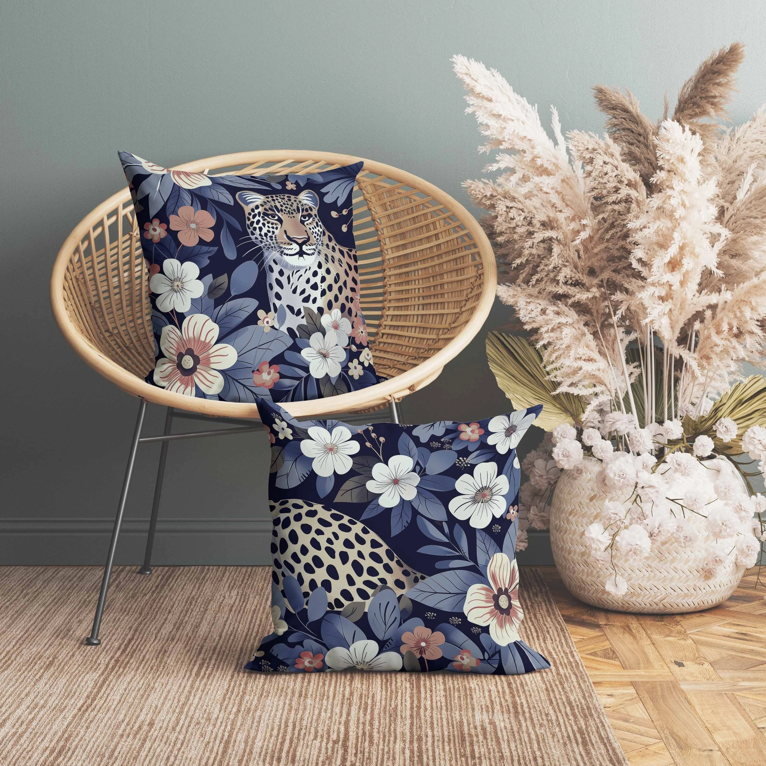Jungle Cat Indoor/Outdoor Reversible Throw Pillow Blue and Pink