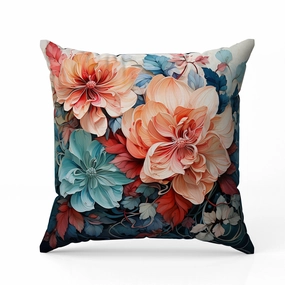 Large Flowers Indoor/Outdoor Reversible Throw Pillow Peach and Blue