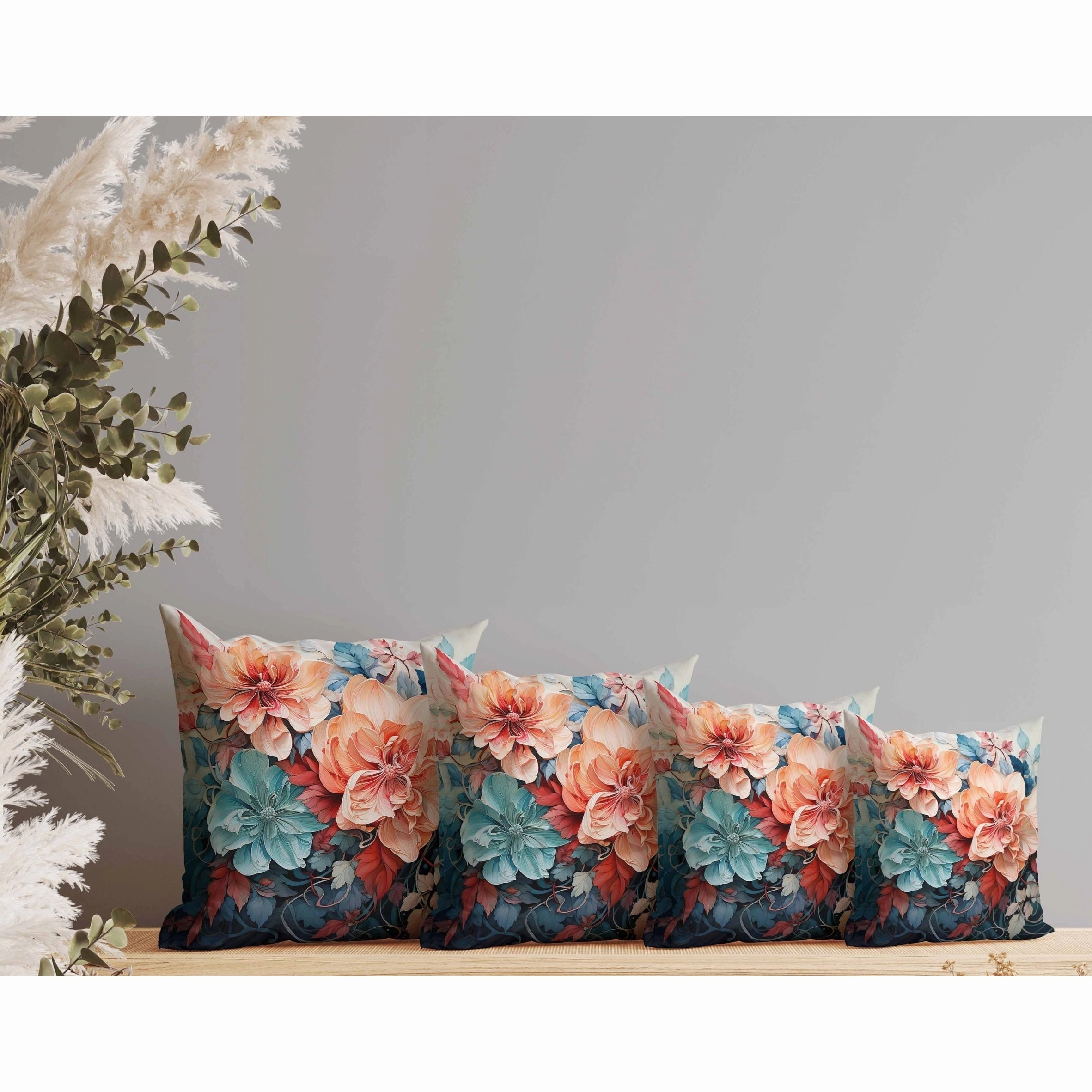 Large Flowers Indoor/Outdoor Reversible Throw Pillow Peach and Blue