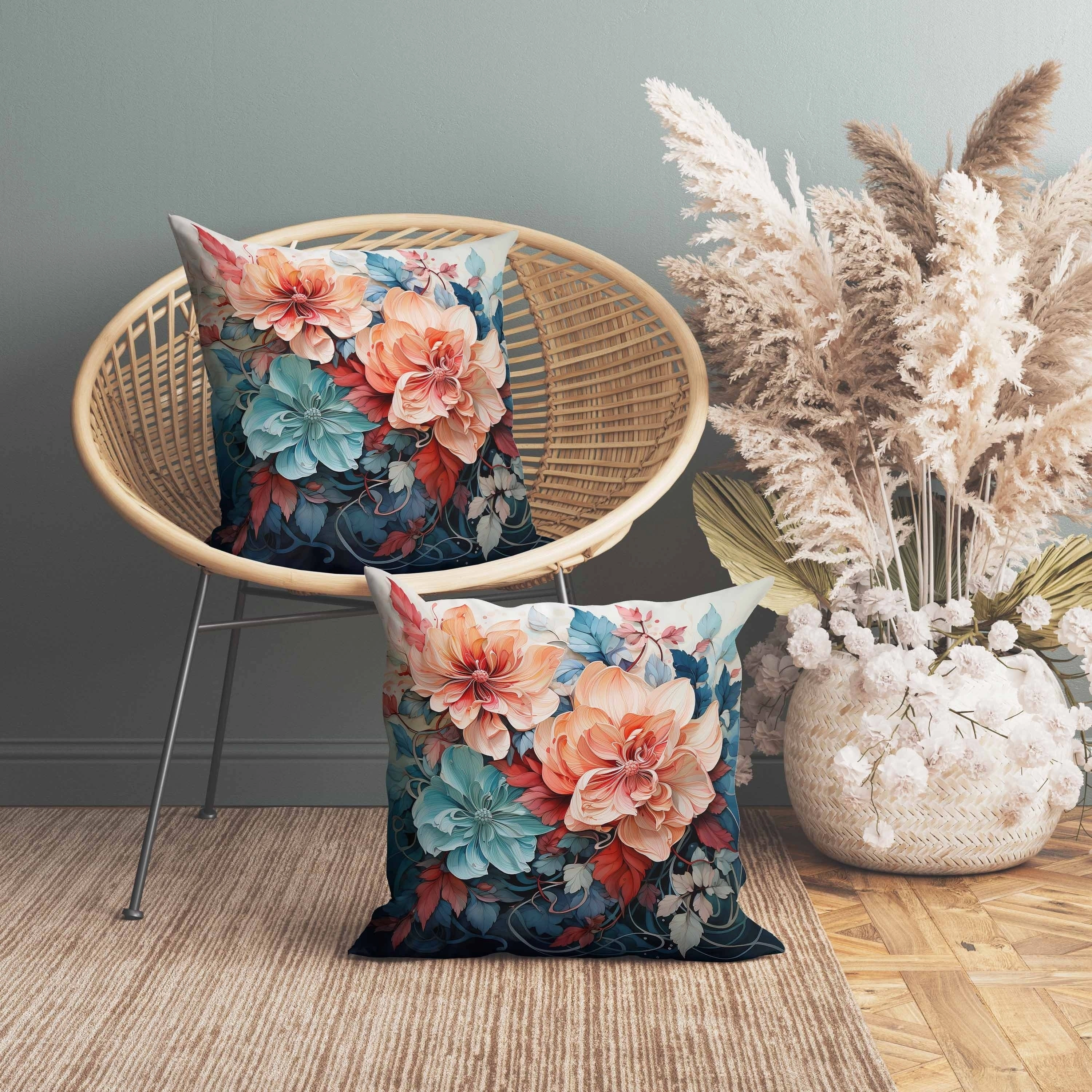 Large Flowers Indoor/Outdoor Reversible Throw Pillow Peach and Blue