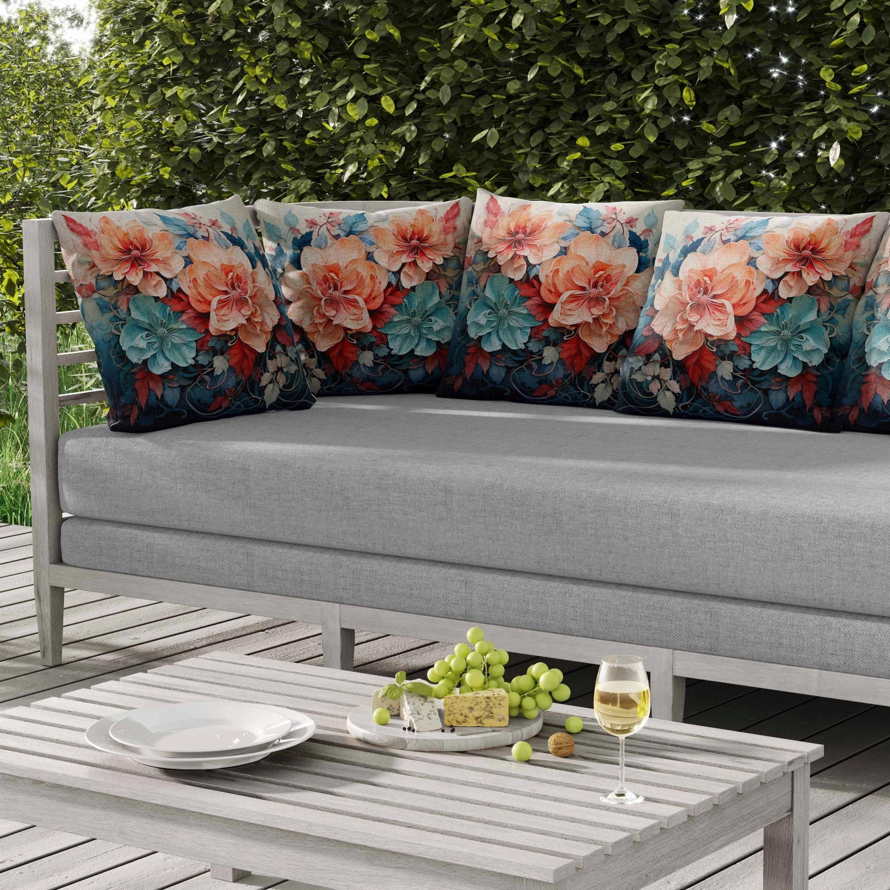 Large Flowers Indoor/Outdoor Reversible Throw Pillow Peach and Blue