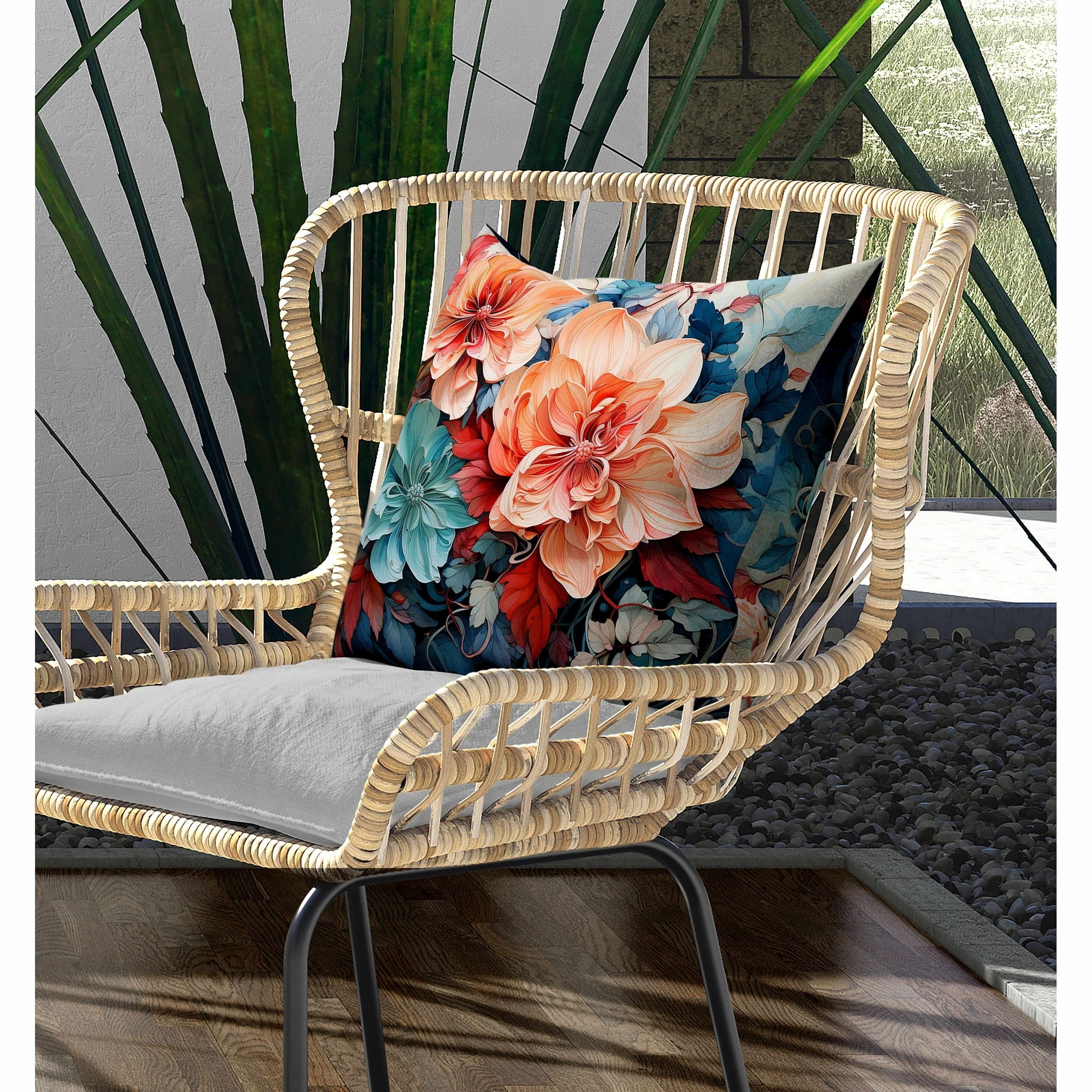 Large Flowers Indoor/Outdoor Reversible Throw Pillow Peach and Blue