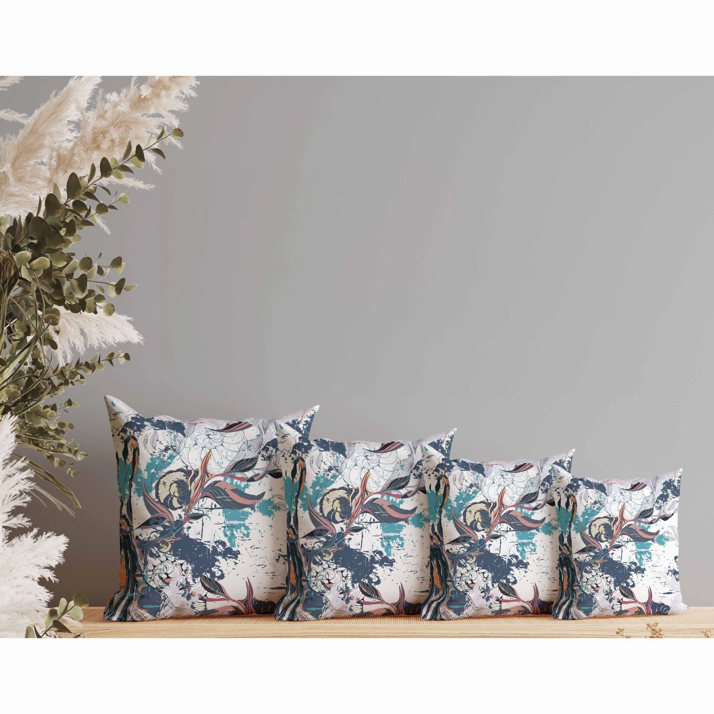 Leaf Lurker Indoor/Outdoor Reversible Throw Pillow White and Cyan