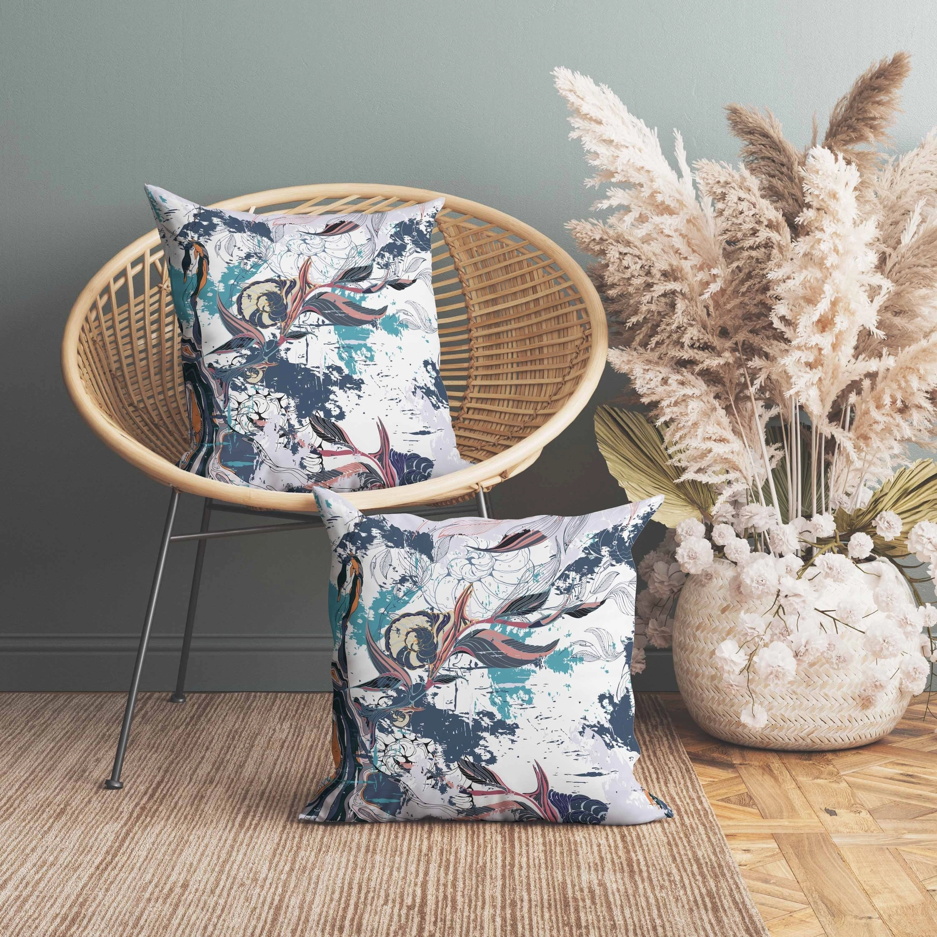 Leaf Lurker Indoor/Outdoor Reversible Throw Pillow White and Cyan