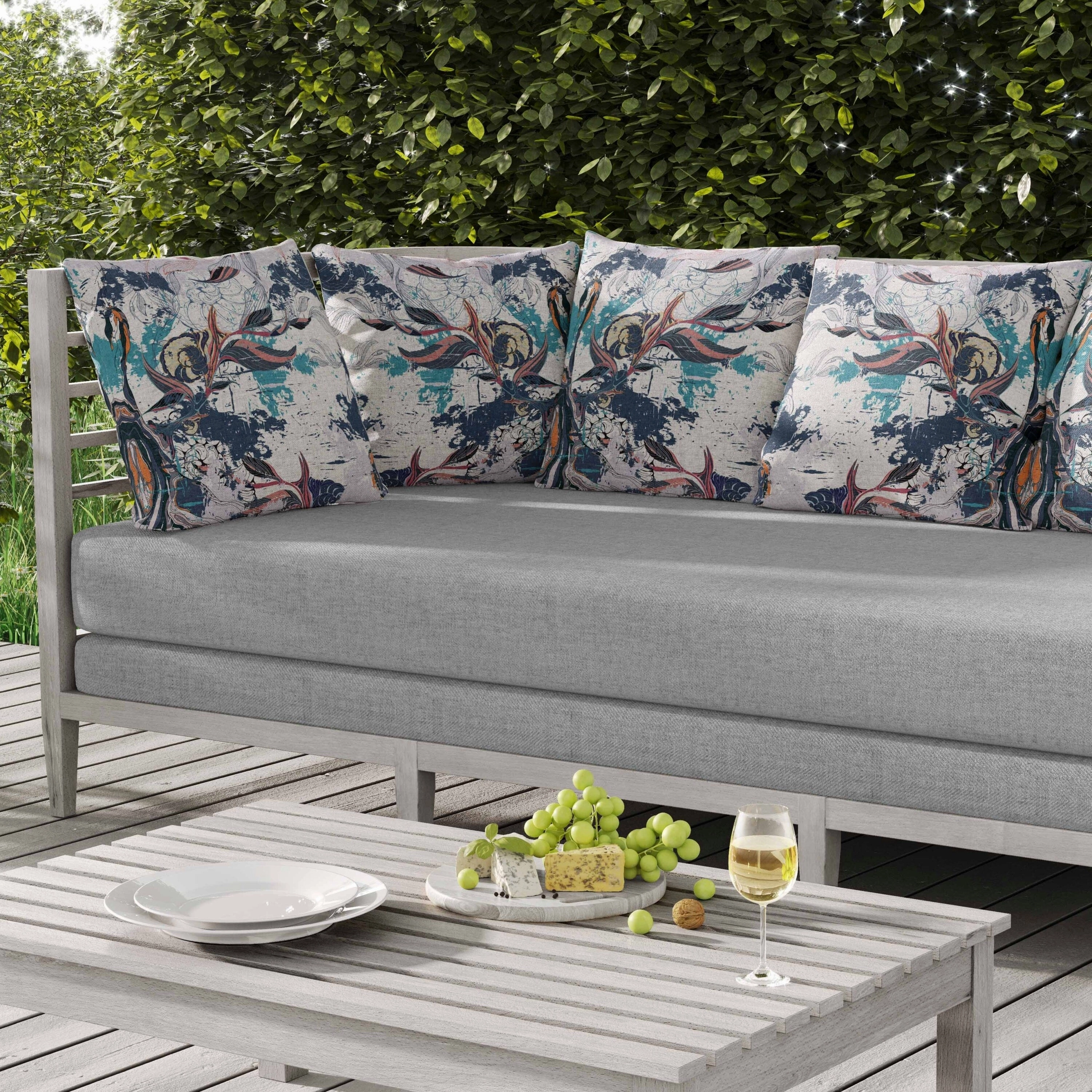 Leaf Lurker Indoor/Outdoor Reversible Throw Pillow White and Cyan