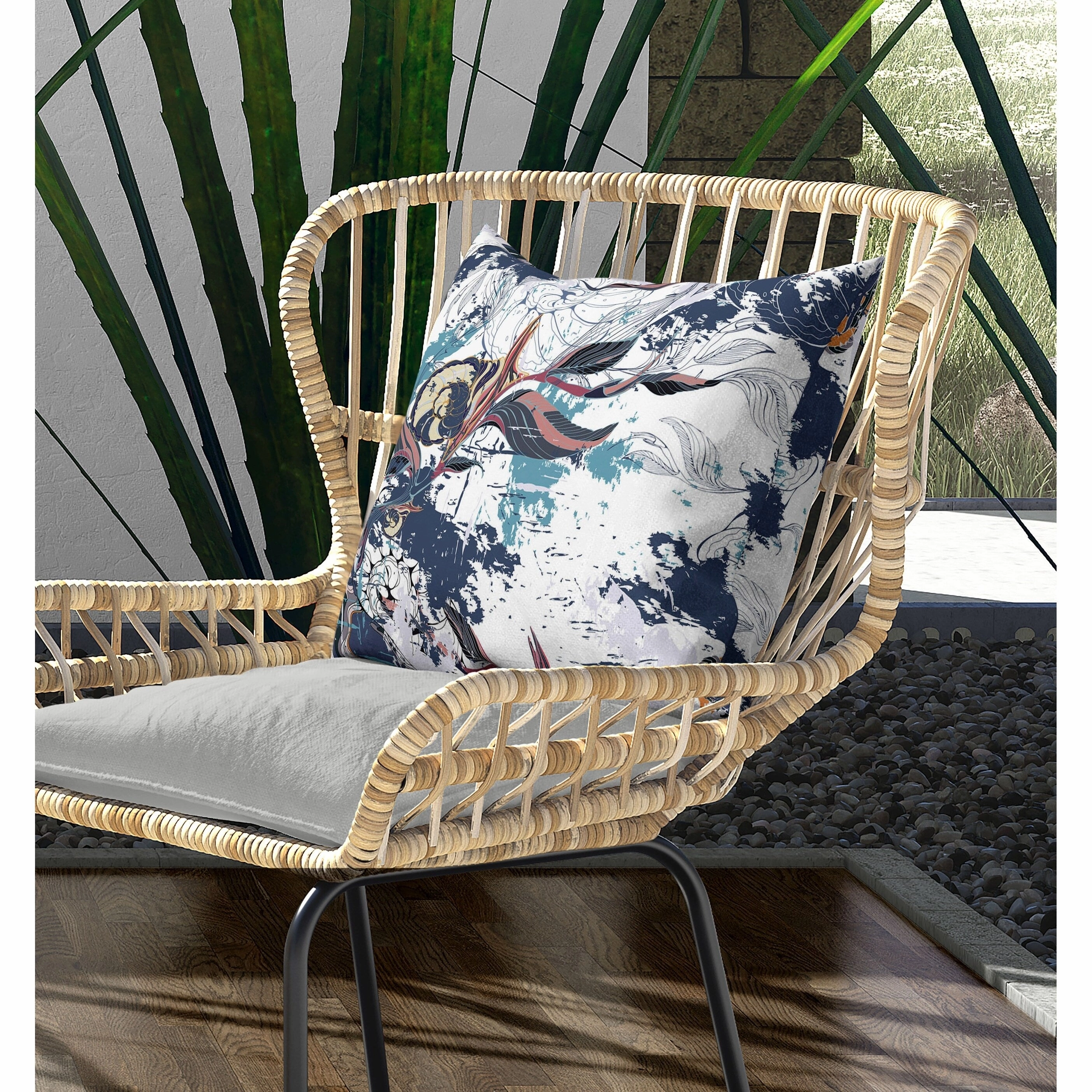 Leaf Lurker Indoor/Outdoor Reversible Throw Pillow White and Cyan