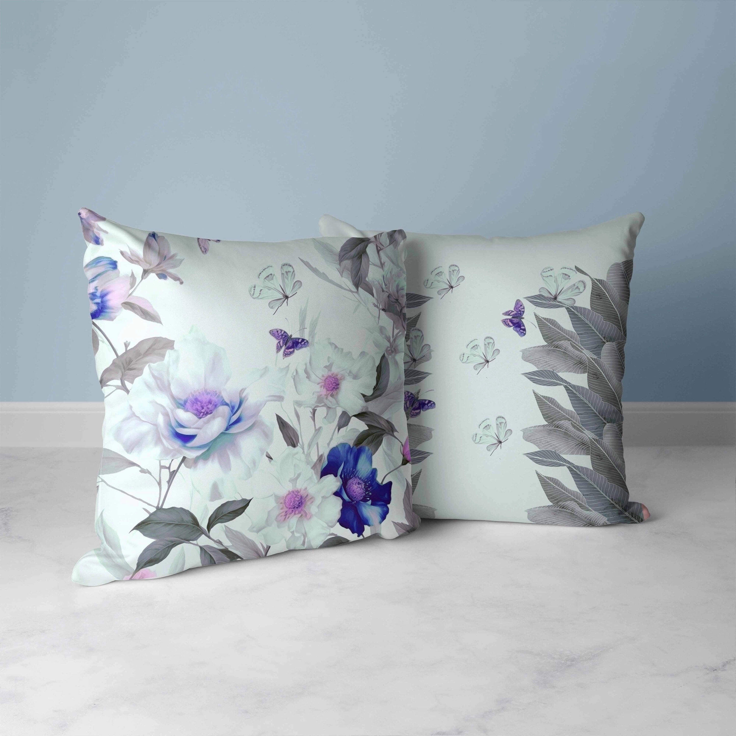Leafy Lepidoptera Medley Faux Suede Reversible Throw Pillow Green and Blue