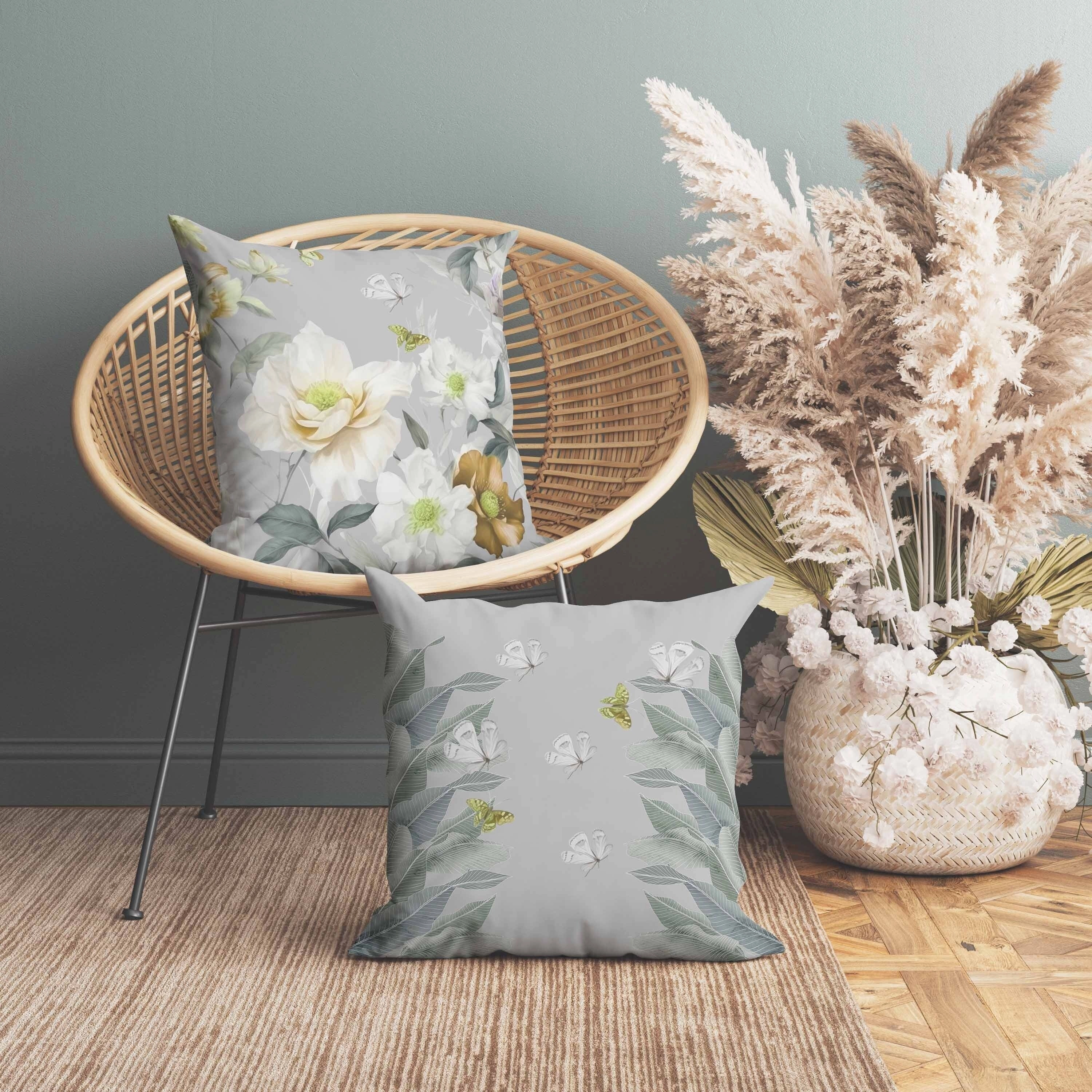 Leafy Lepidoptera Medley Indoor/Outdoor Reversible Throw Pillow Grey and Gold