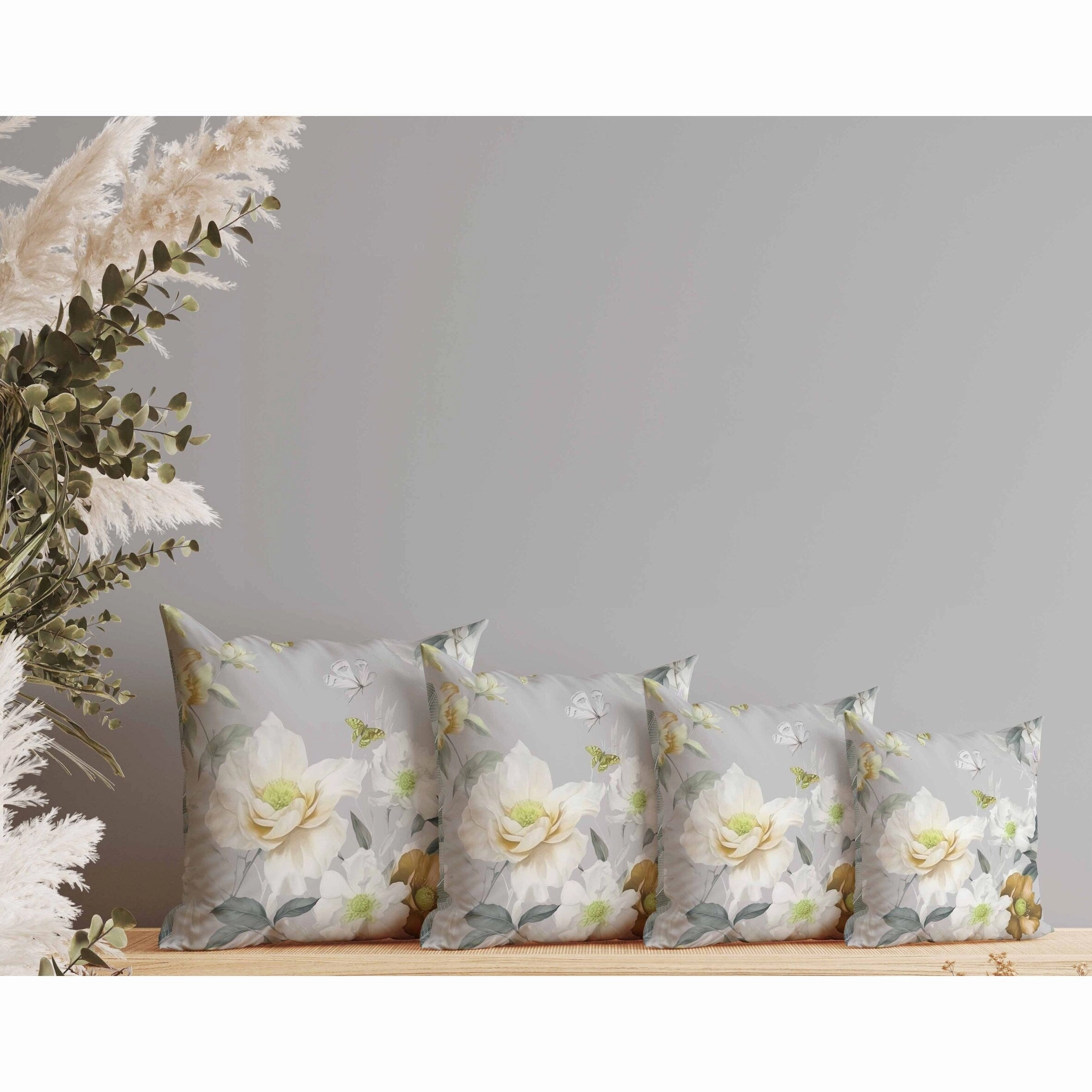 Leafy Lepidoptera Medley Indoor/Outdoor Reversible Throw Pillow Grey and Gold