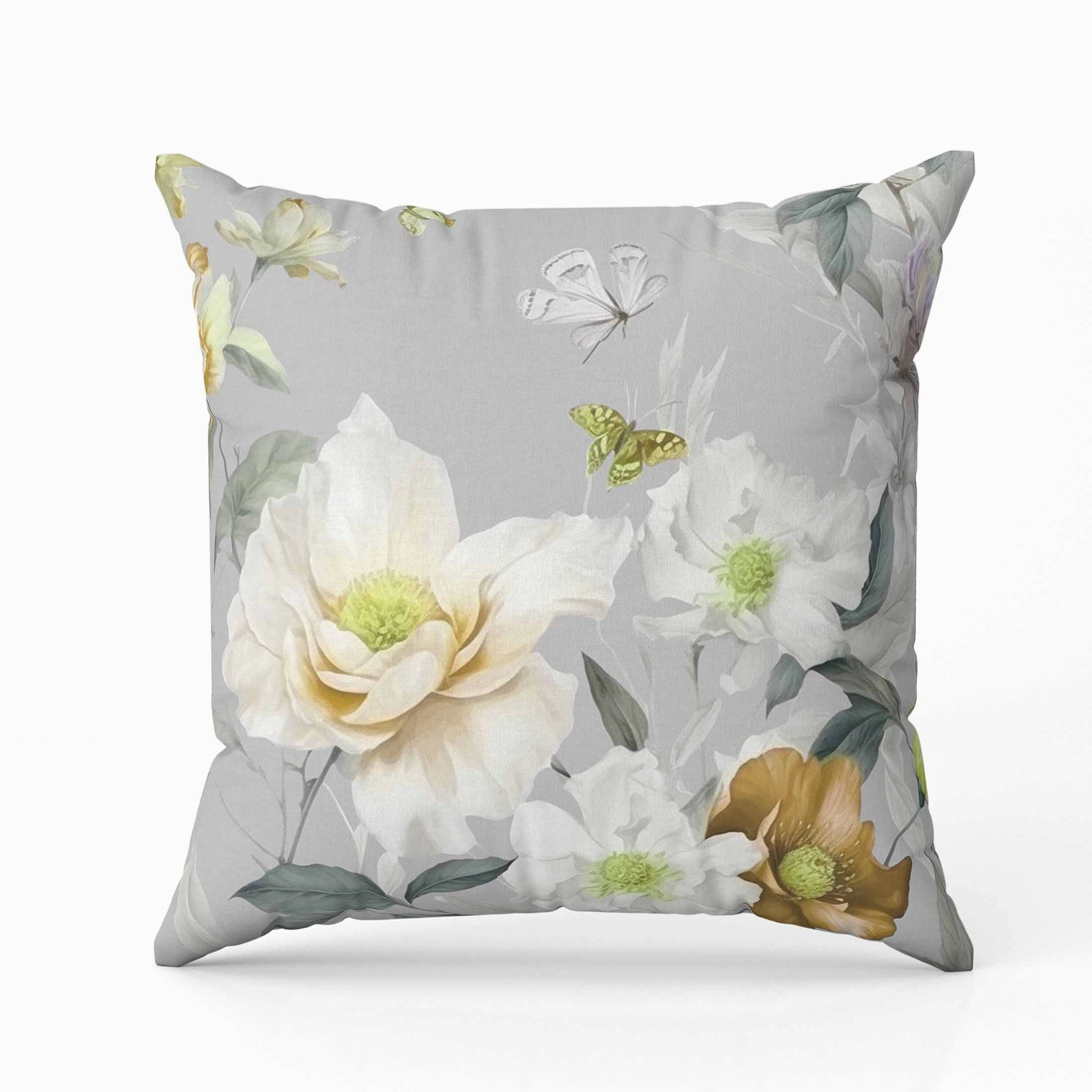 Leafy Lepidoptera Medley Indoor/Outdoor Reversible Throw Pillow Grey and Gold