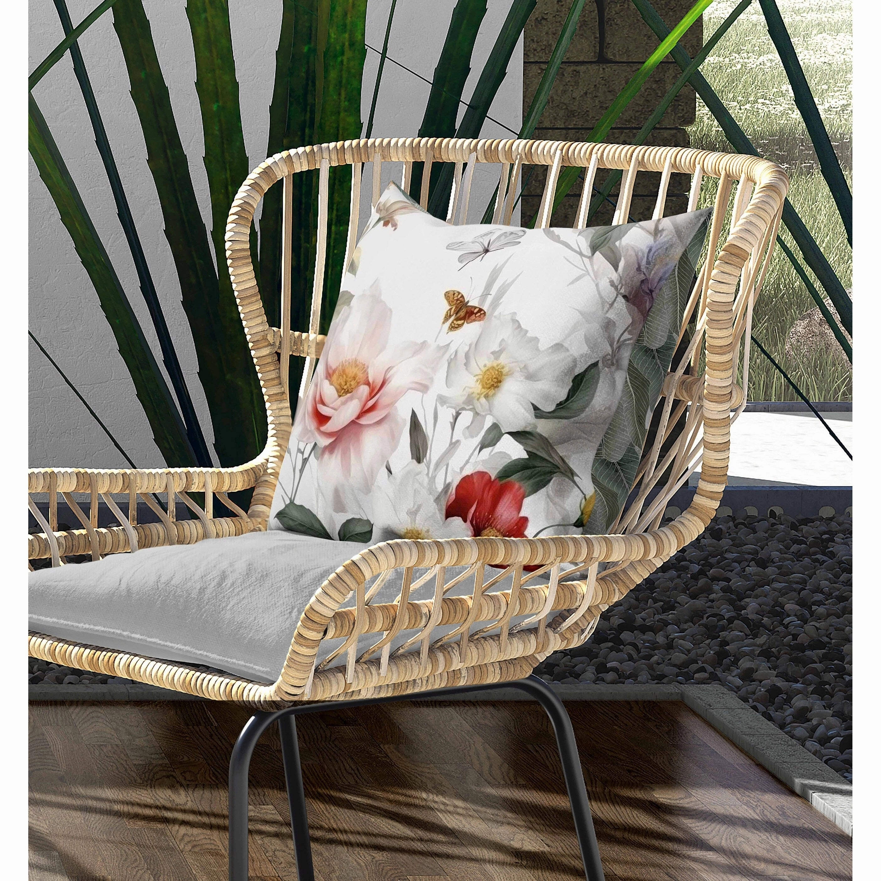 Leafy Lepidoptera Medley Indoor/Outdoor Reversible Throw Pillow White and Red
