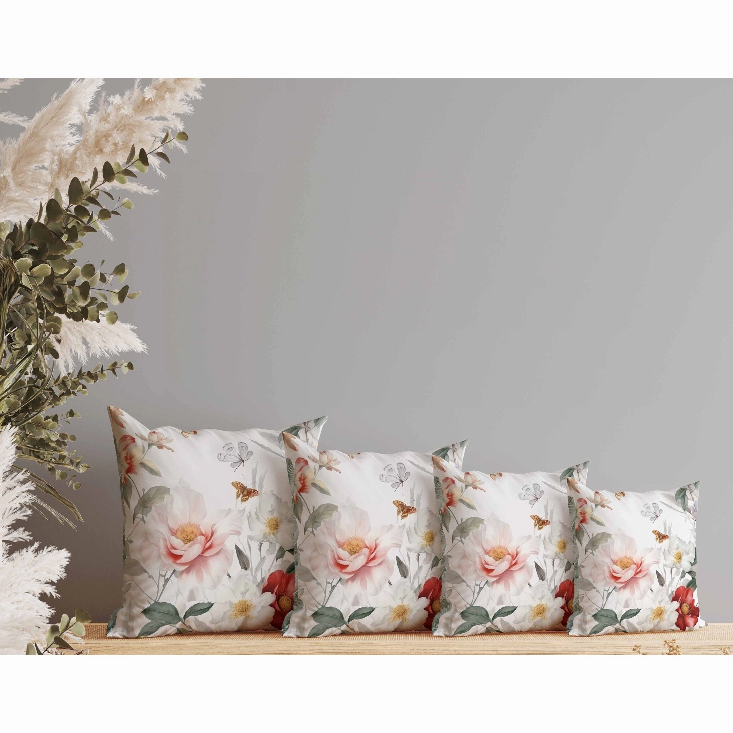 Leafy Lepidoptera Medley Indoor/Outdoor Reversible Throw Pillow White and Red