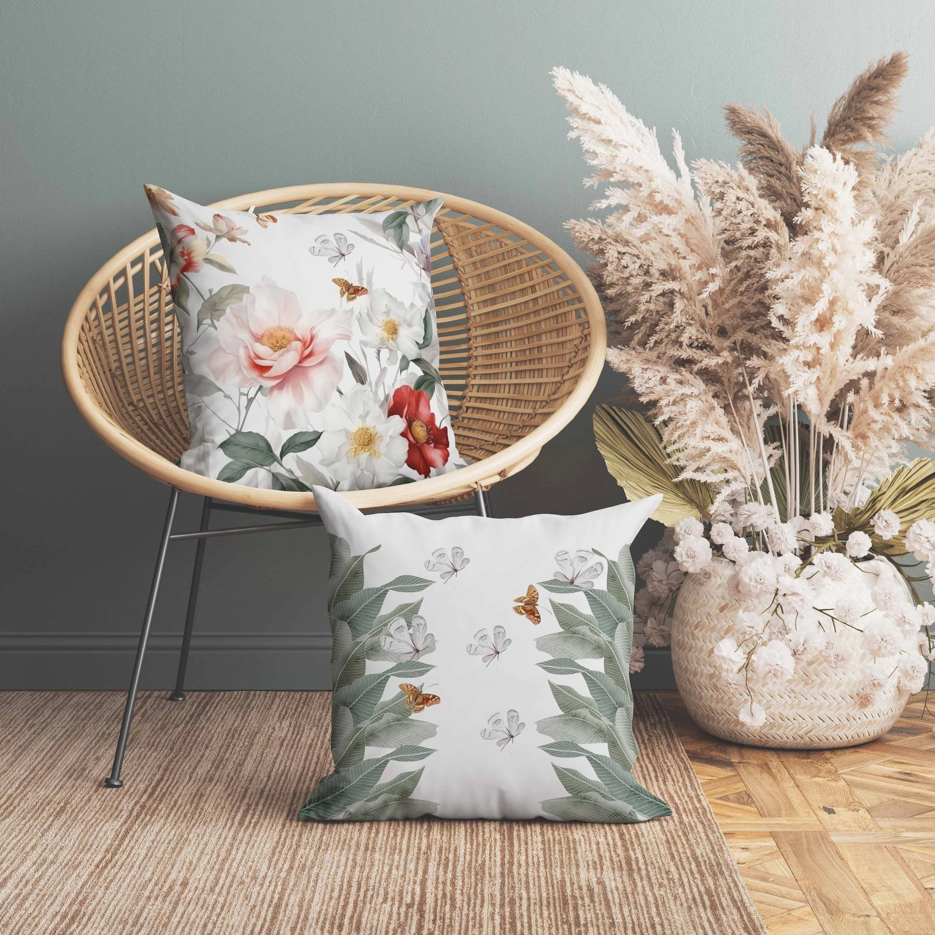 Leafy Lepidoptera Medley Indoor/Outdoor Reversible Throw Pillow White and Red