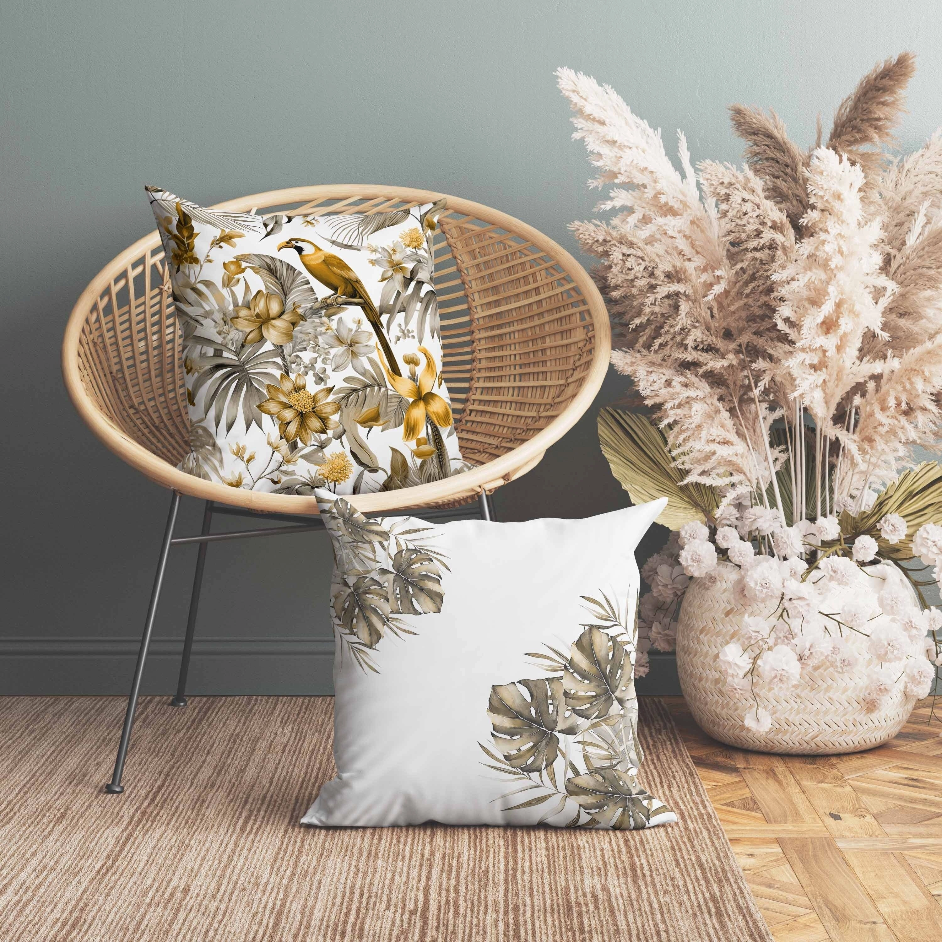 Leafy Lyricist Indoor/Outdoor Reversible Throw Pillow White and Gold