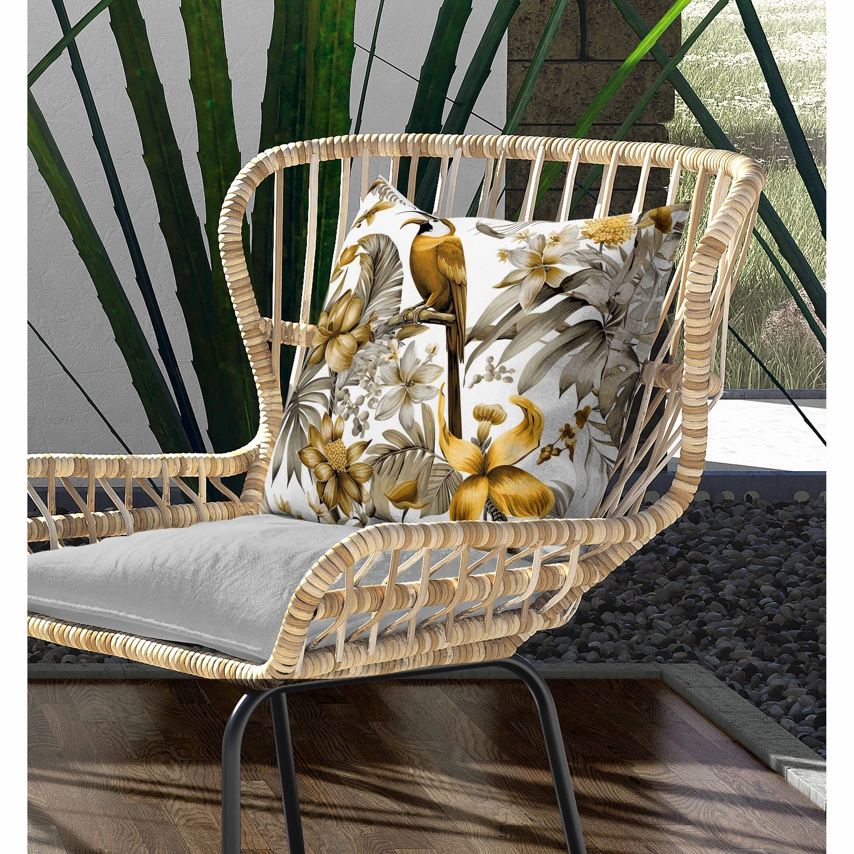 Leafy Lyricist Indoor/Outdoor Reversible Throw Pillow White and Gold