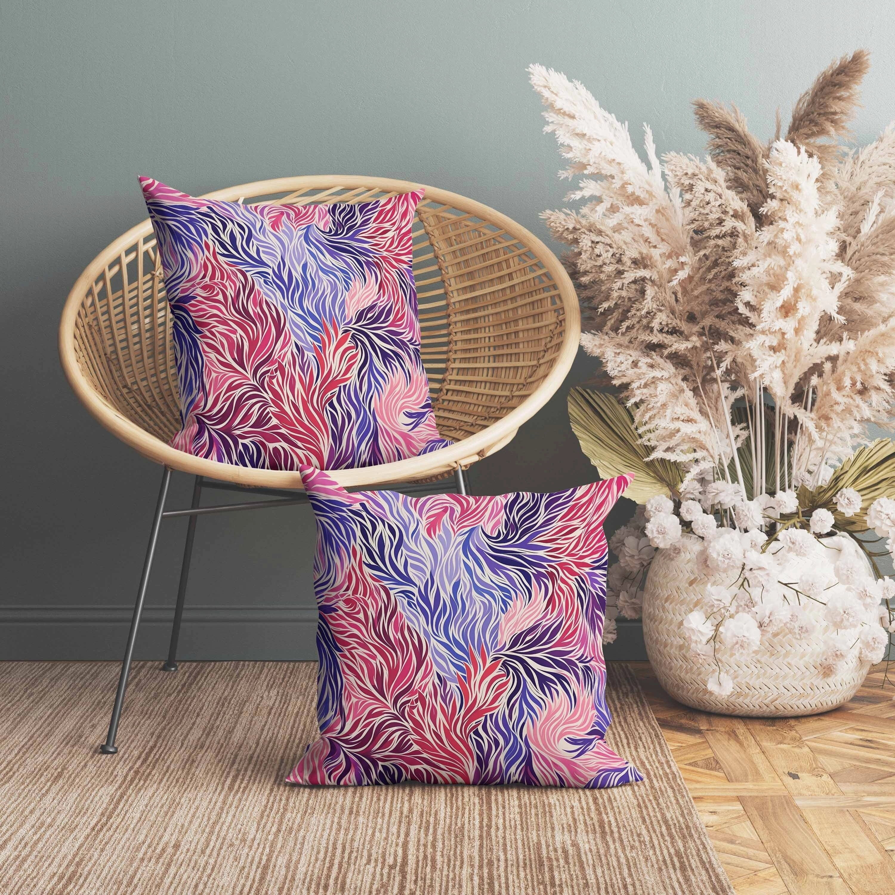 Leafy Whirl Indoor/Outdoor Reversible Throw Pillow Pink and Blue