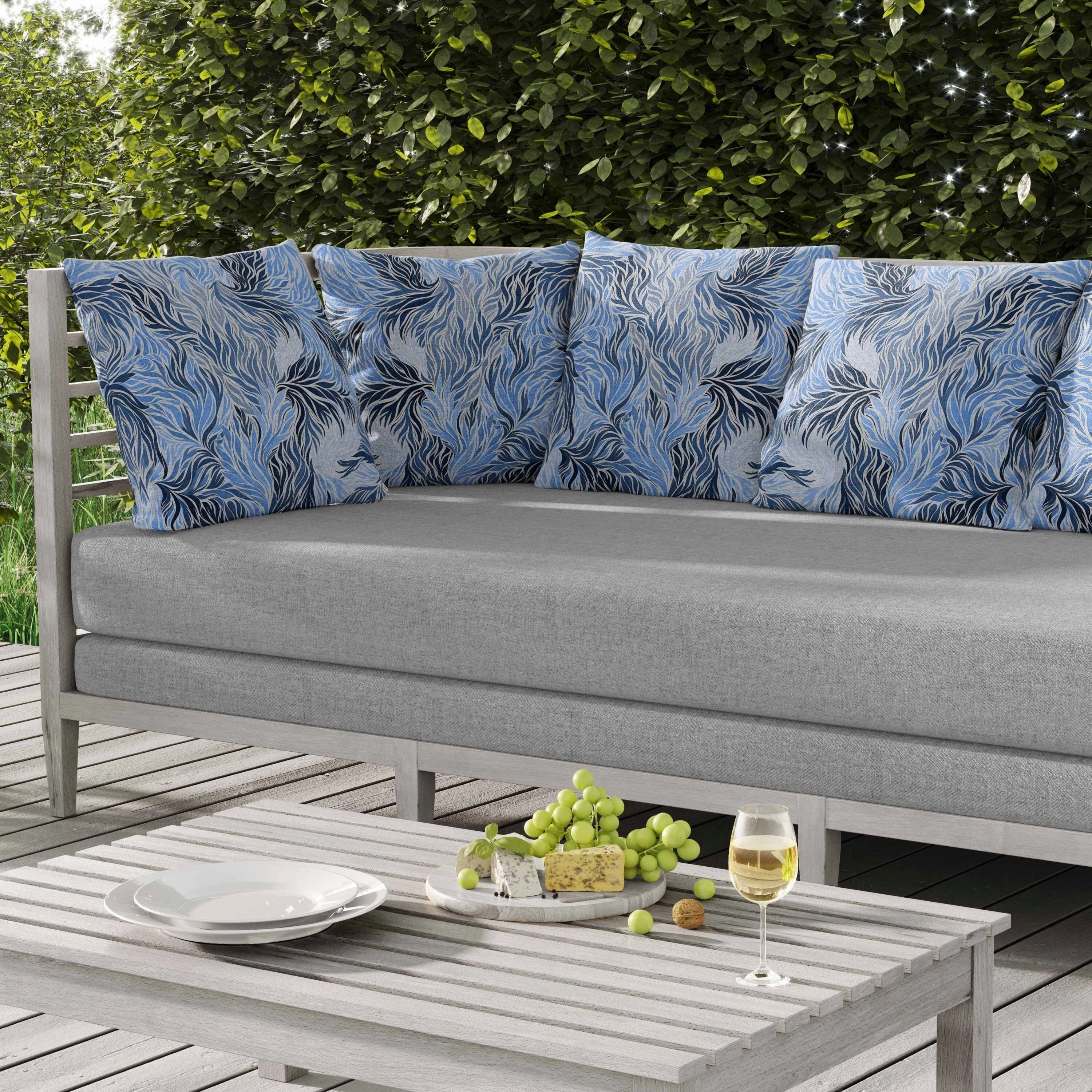 Leafy Whirl Indoor/Outdoor Reversible Throw Pillow White and Blue