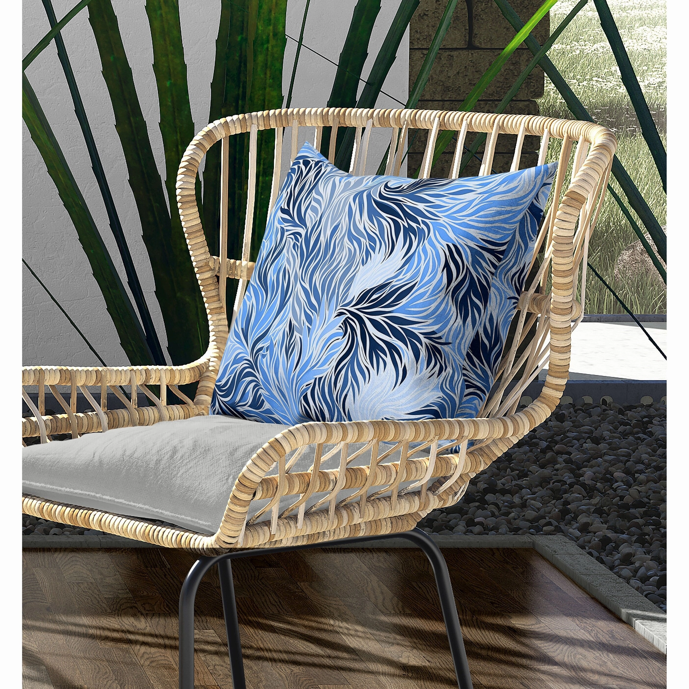 Leafy Whirl Indoor/Outdoor Reversible Throw Pillow White and Blue