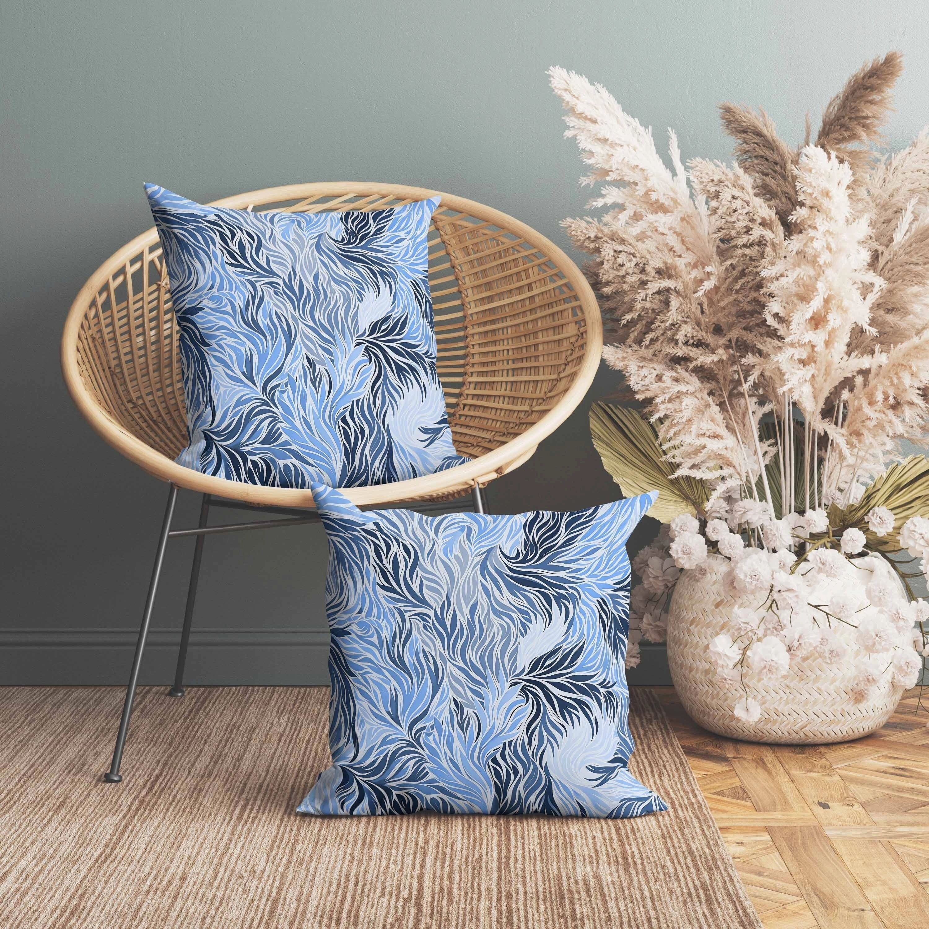 Leafy Whirl Indoor/Outdoor Reversible Throw Pillow White and Blue