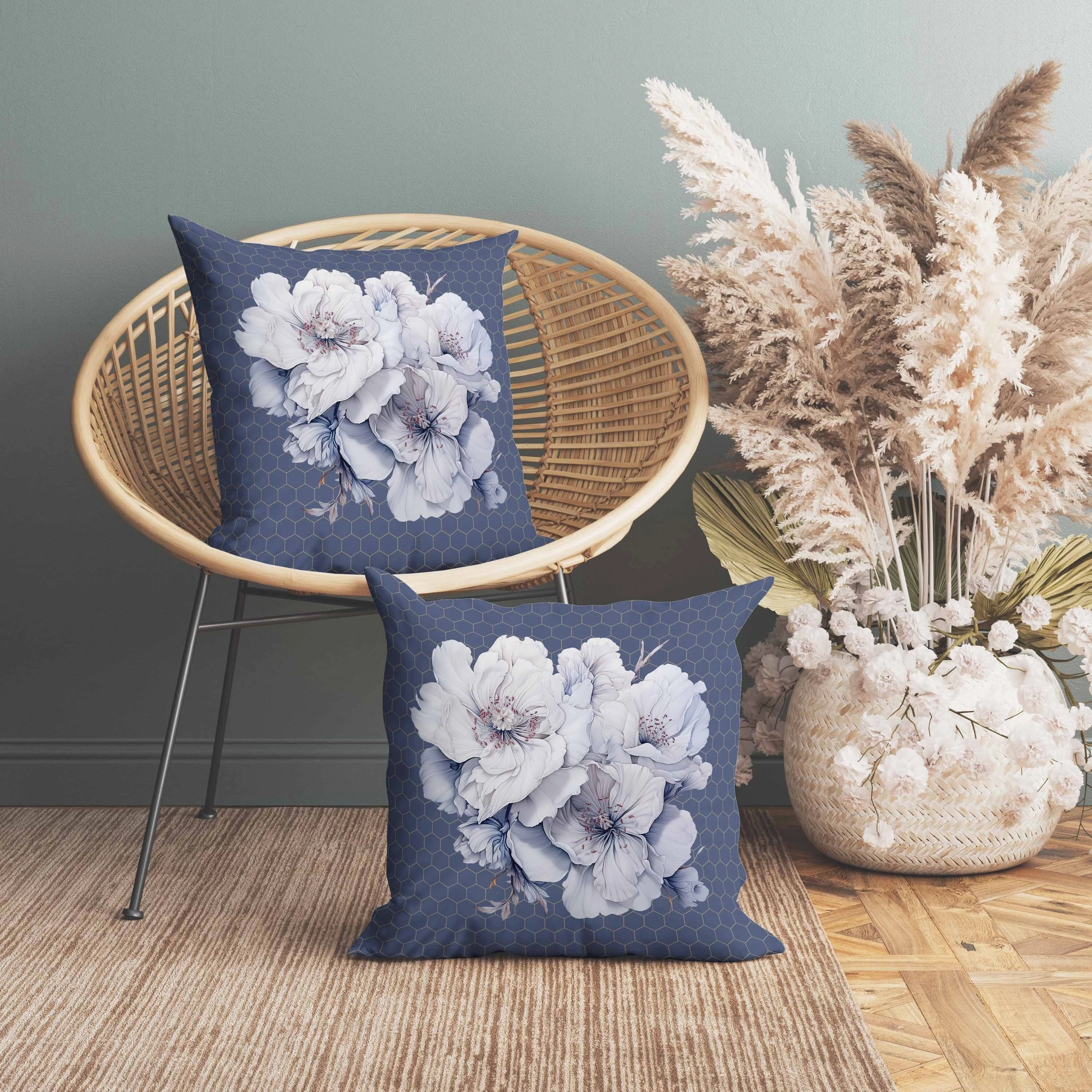 Magnolia Majesty Indoor/Outdoor Reversible Throw Pillow Blue and Fog