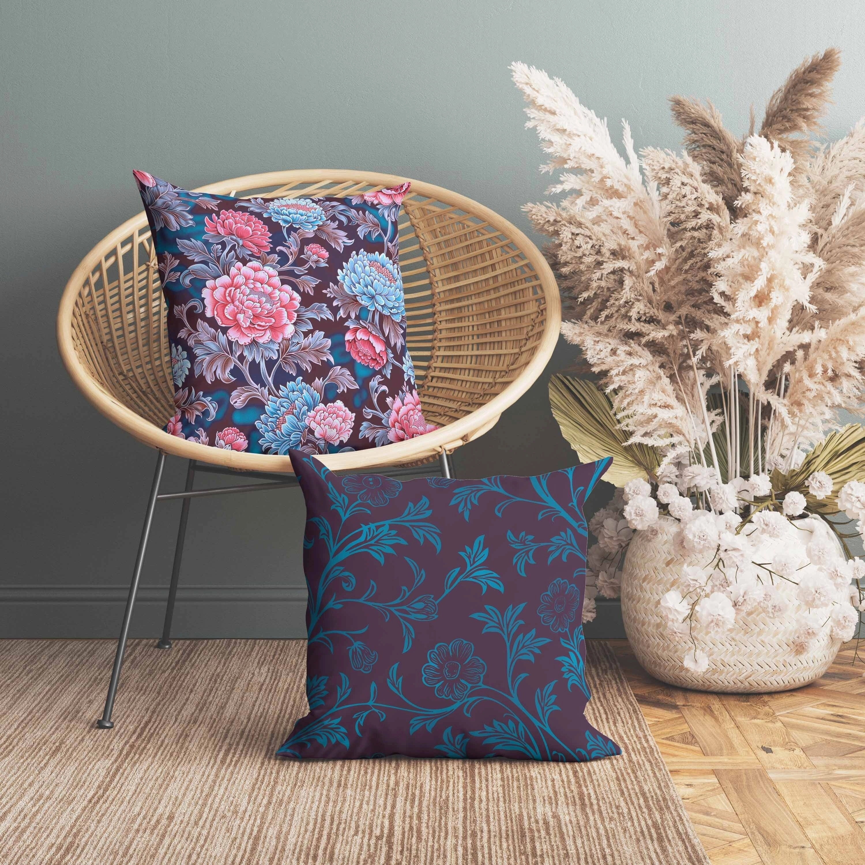 Meadow Bloom Indoor/Outdoor Reversible Throw Pillow Blue and Pink