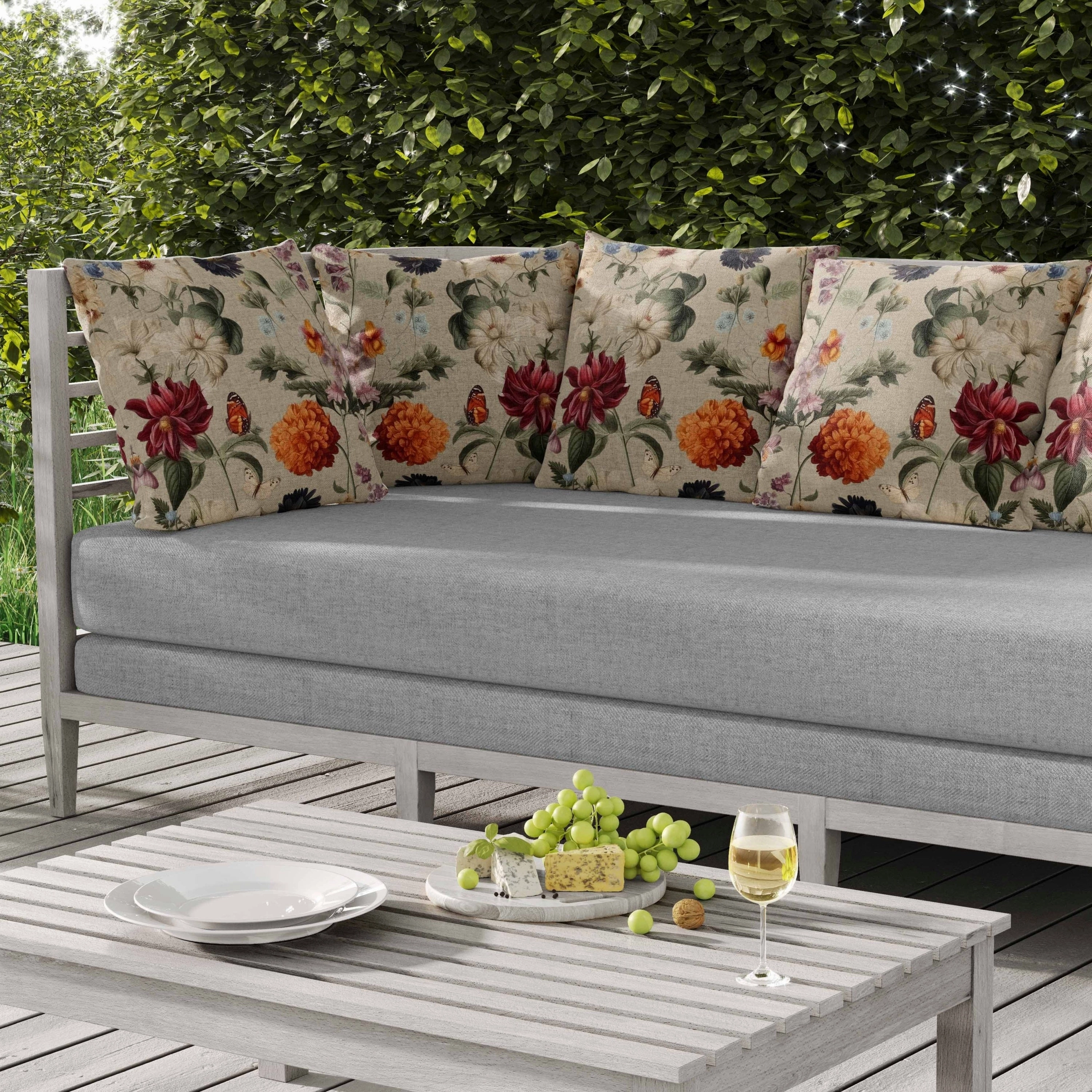 Mixed Flower Delight Indoor/Outdoor Reversible Throw Pillow Ivory and Multi