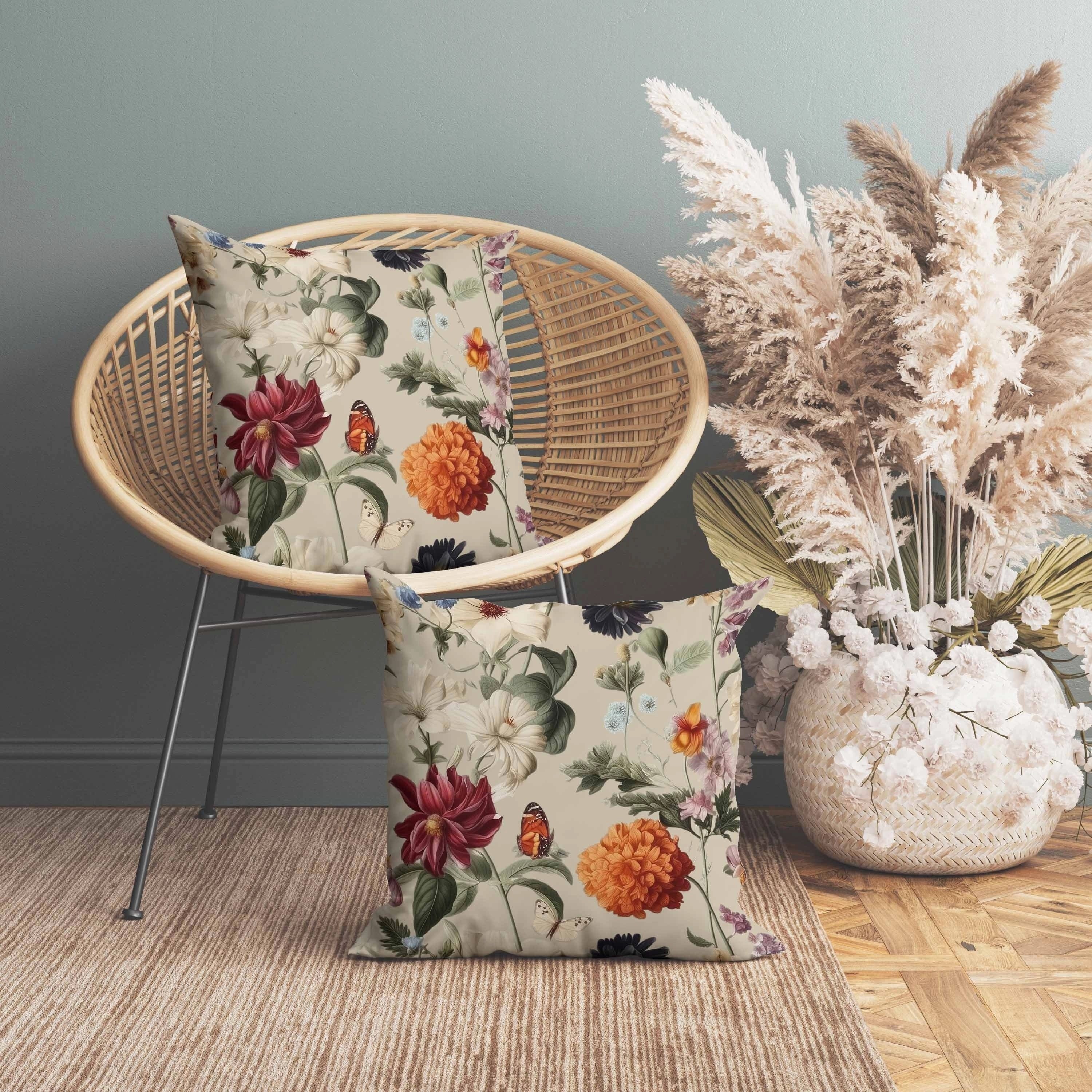 Mixed Flower Delight Indoor/Outdoor Reversible Throw Pillow Ivory and Multi