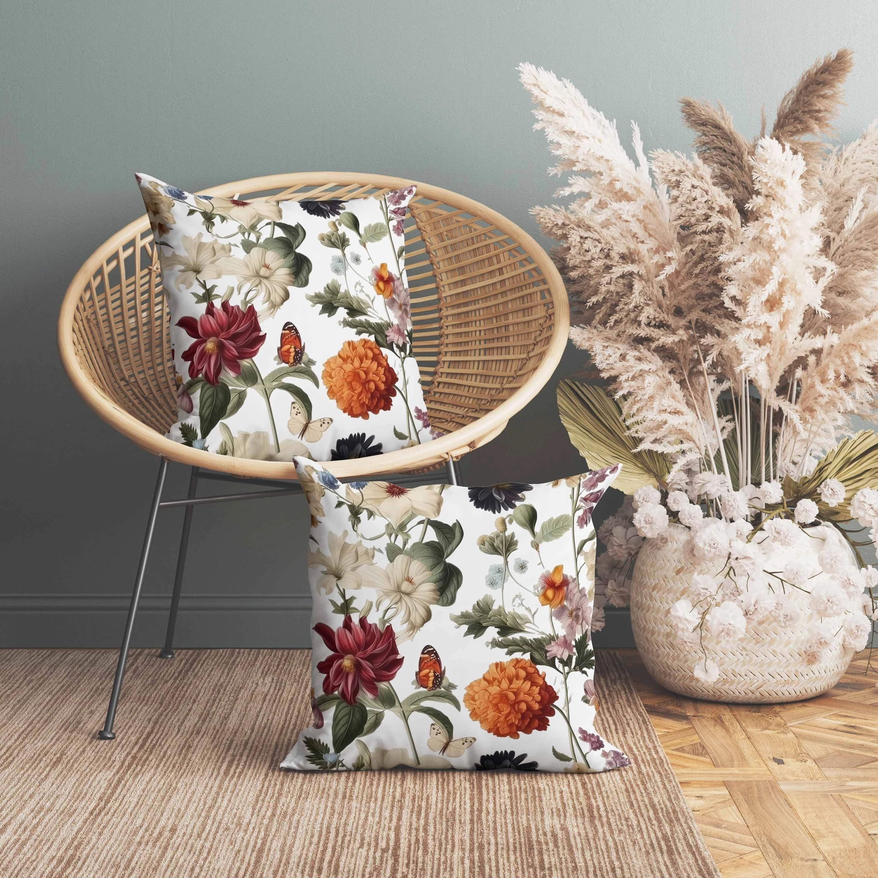 Mixed Flower Delight Indoor/Outdoor Reversible Throw Pillow White and Cream