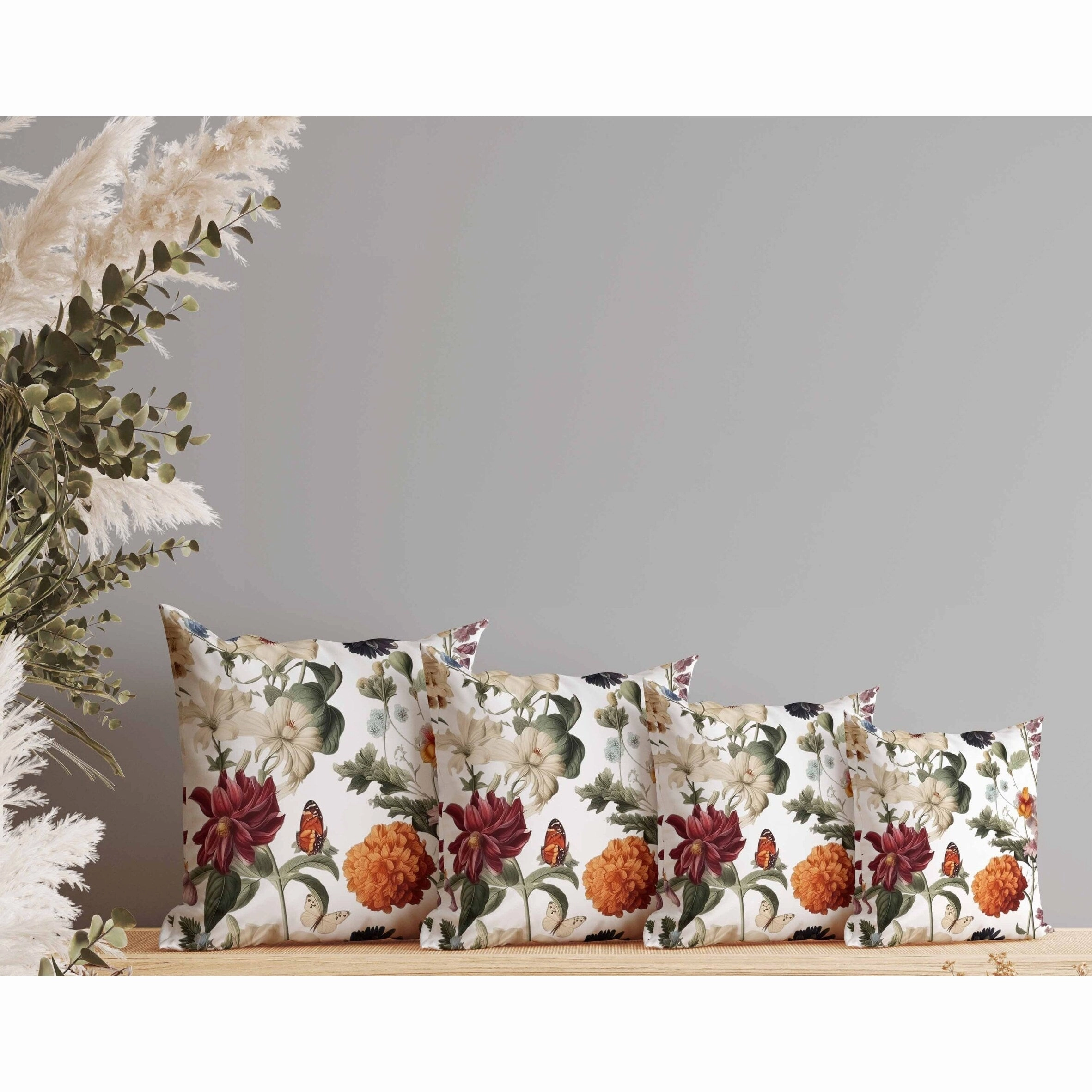 Mixed Flower Delight Indoor/Outdoor Reversible Throw Pillow White and Cream