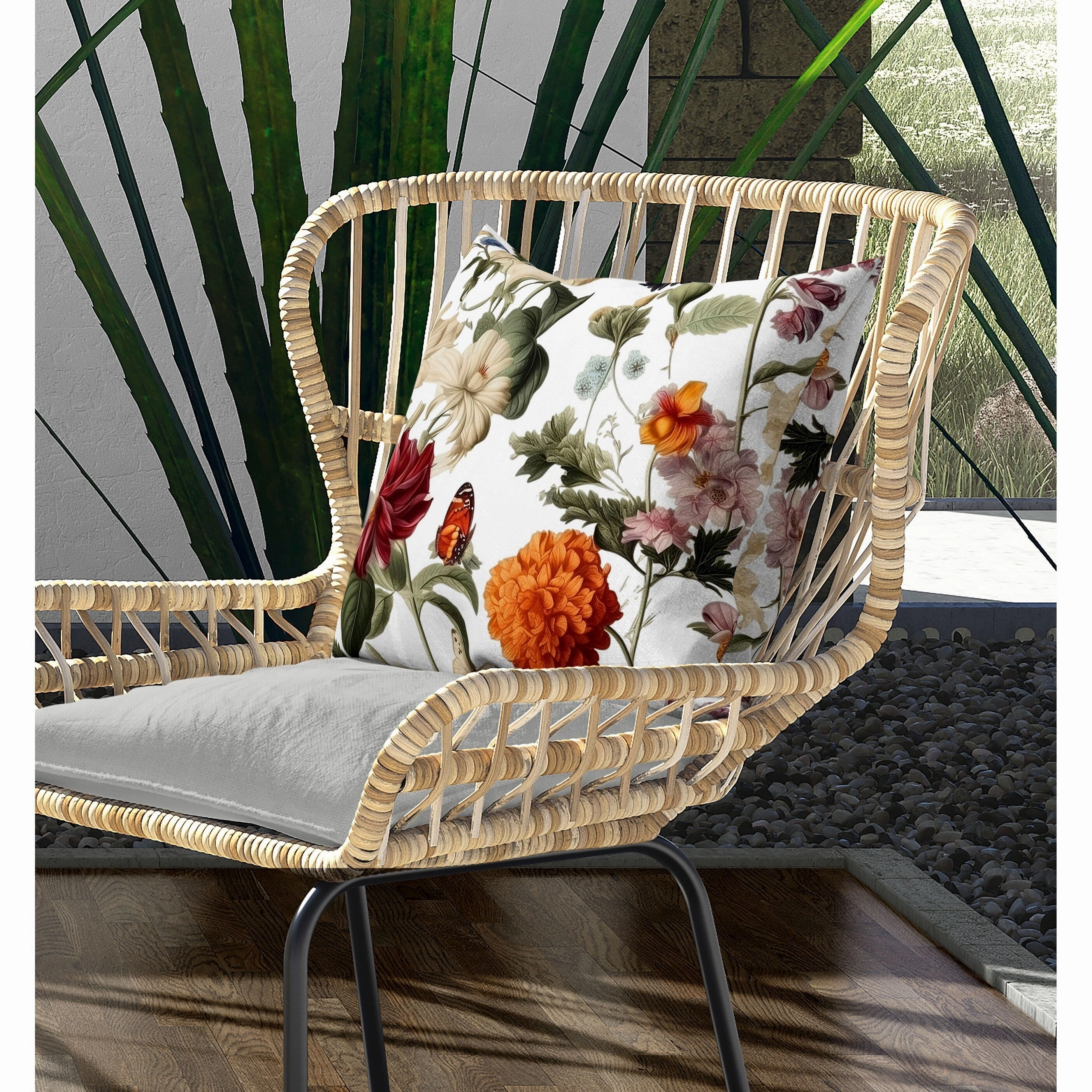 Mixed Flower Delight Indoor/Outdoor Reversible Throw Pillow White and Cream