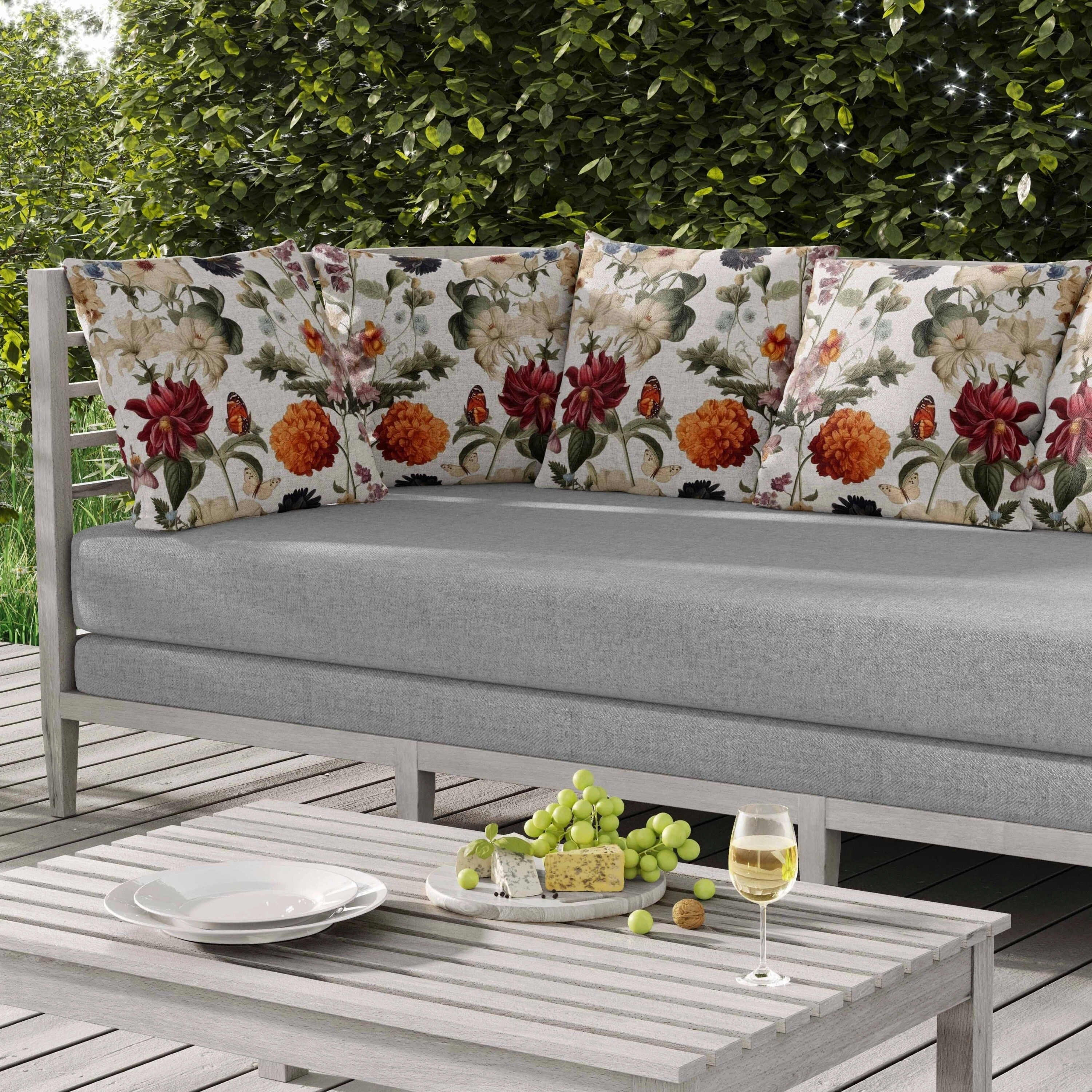 Mixed Flower Delight Indoor/Outdoor Reversible Throw Pillow White and Cream