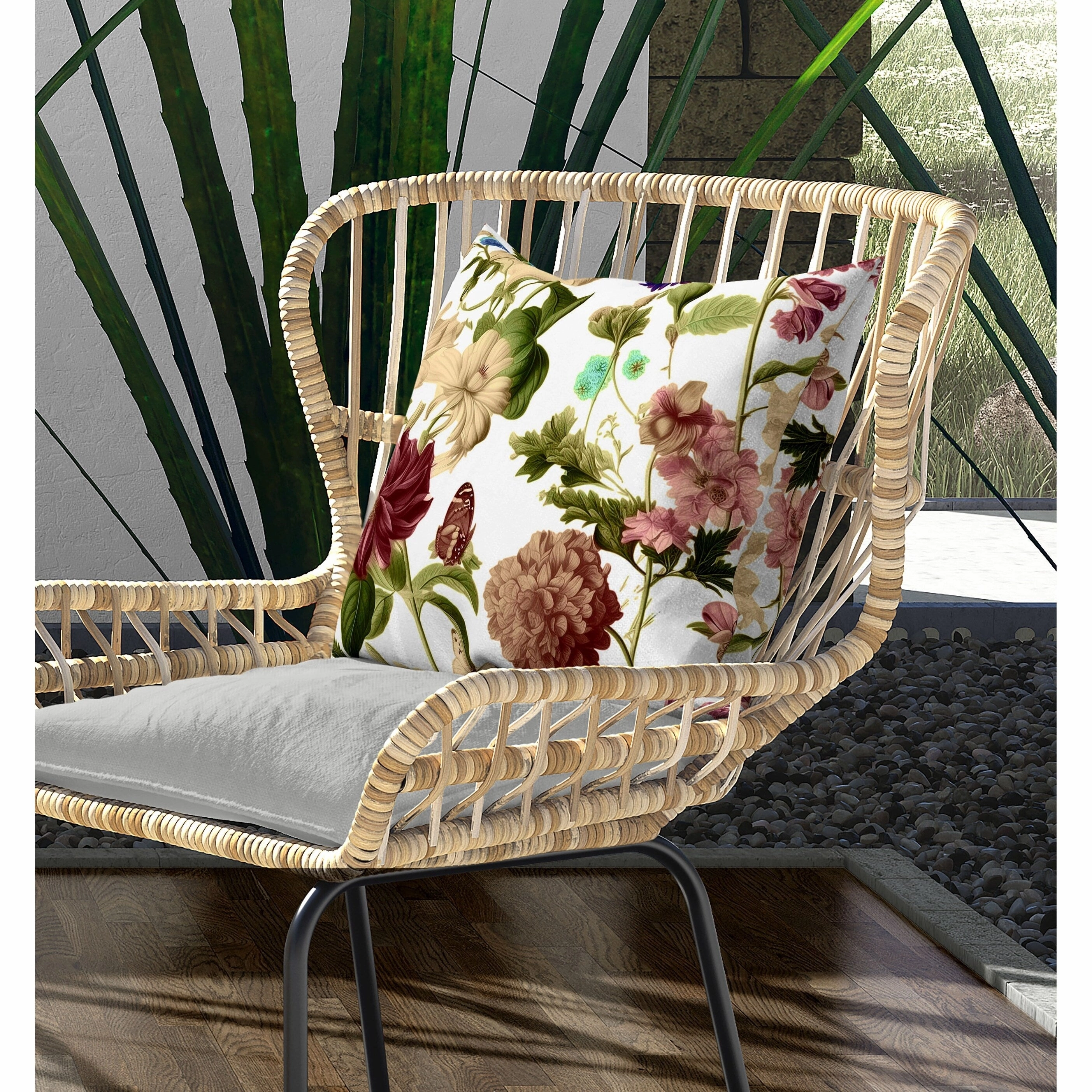 Mixed Flower Delight Indoor/Outdoor Reversible Throw Pillow White and Pink